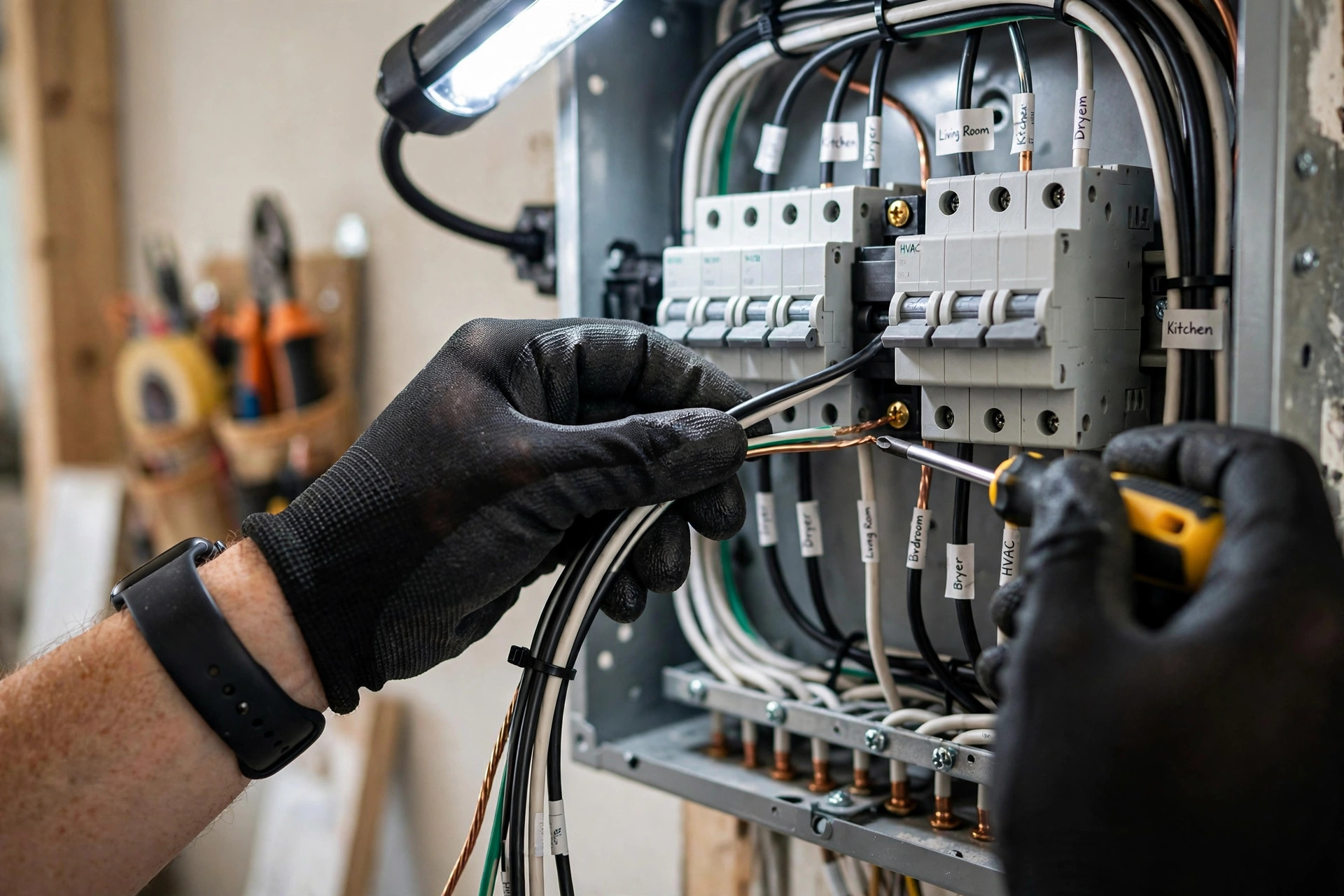 Electrician Marketing Ideas That Actually Bring In Jobs Electrician installing a new electrical panel with neat organized wiring inside a home