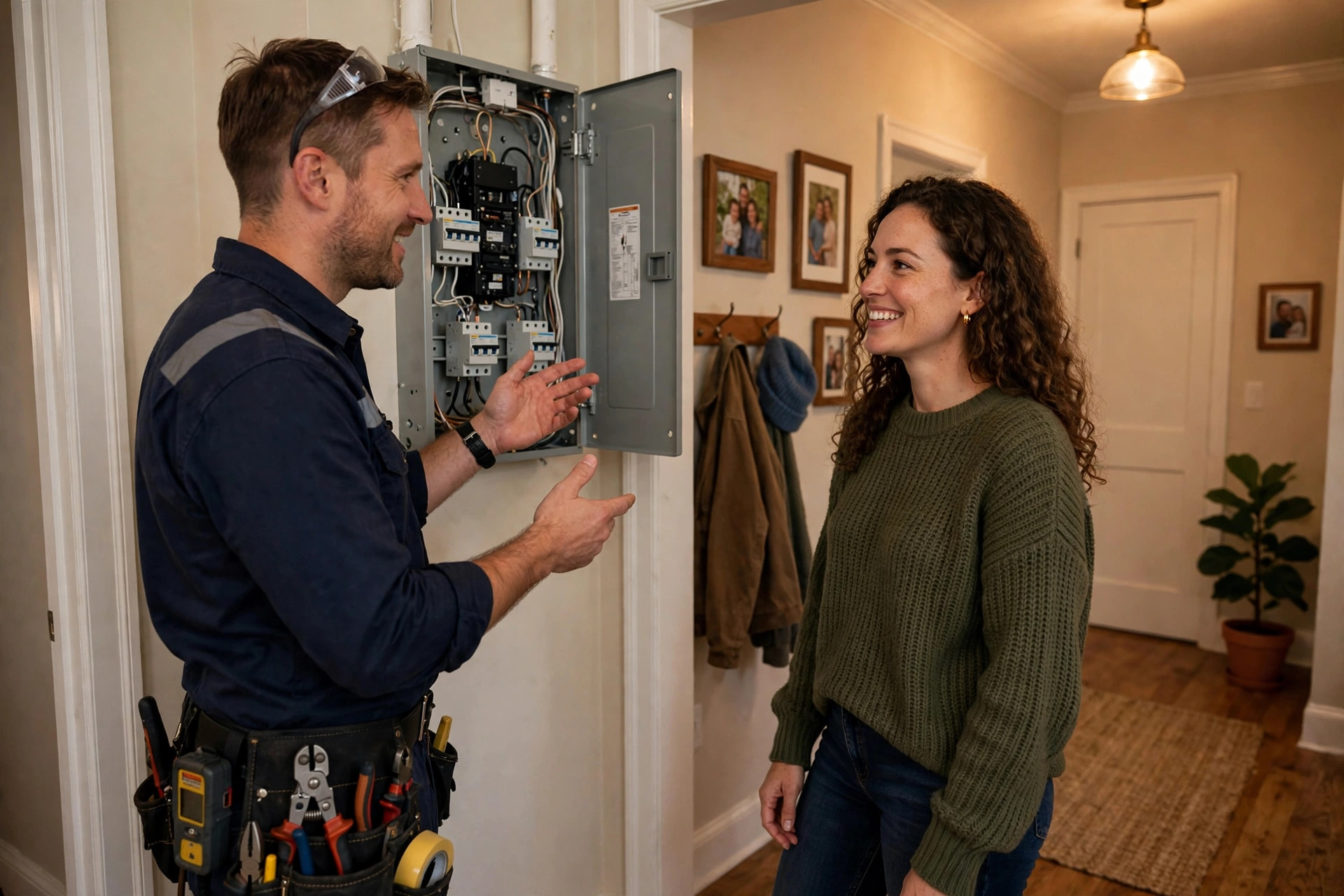 Electrician Marketing Ideas That Actually Bring In Jobs Electrician explaining a completed panel upgrade to a smiling homeowner in their hallway