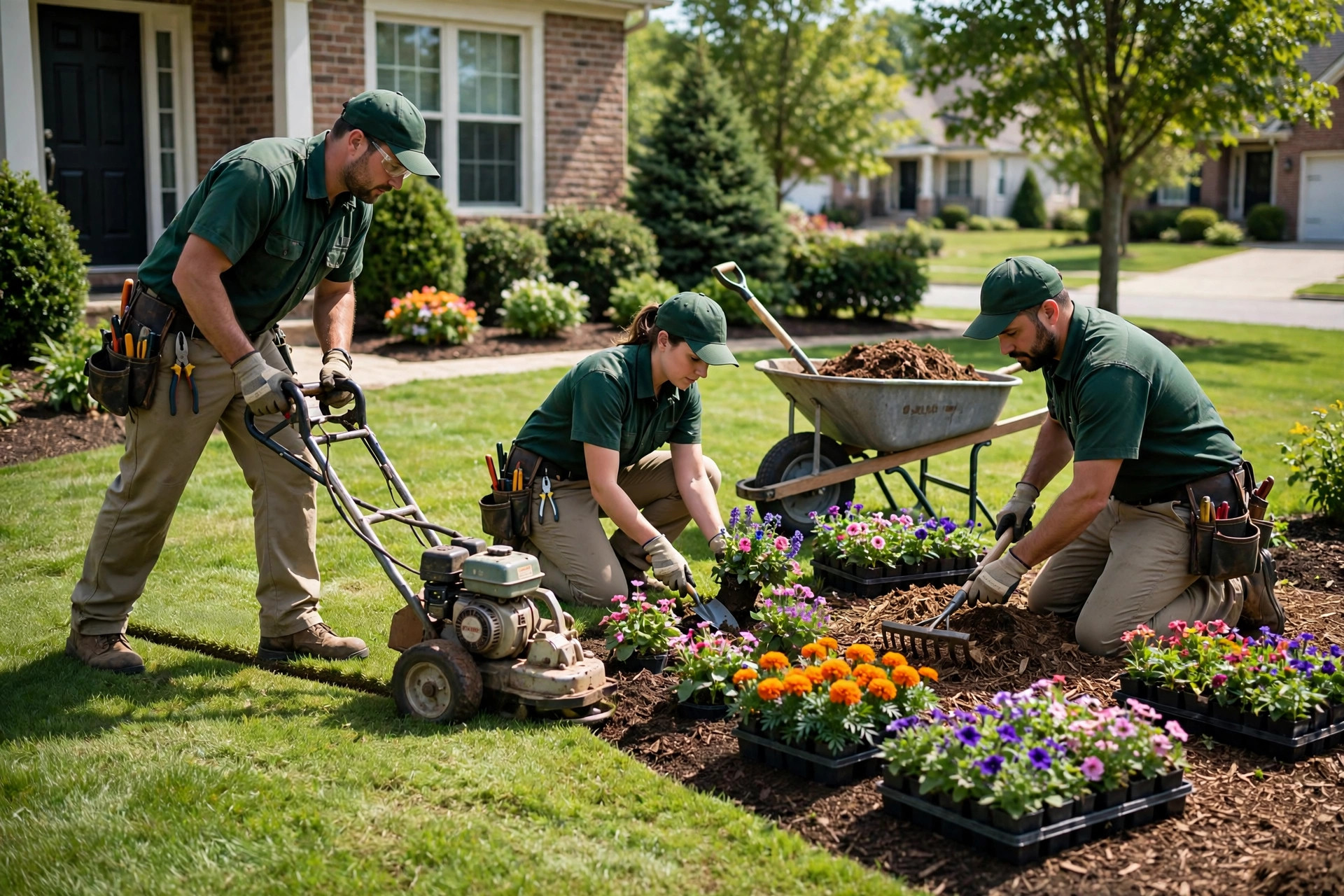 Landscaping Marketing Ideas to Fill Your Schedule Before Spring Landscaping crew edging a lawn and planting flower beds in a residential yard