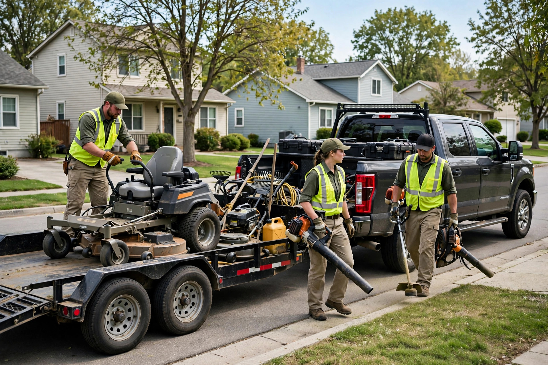 Landscaping Marketing Ideas to Fill Your Schedule Before Spring Landscaping truck and trailer parked at a neighborhood curb while the crew unloads equipment