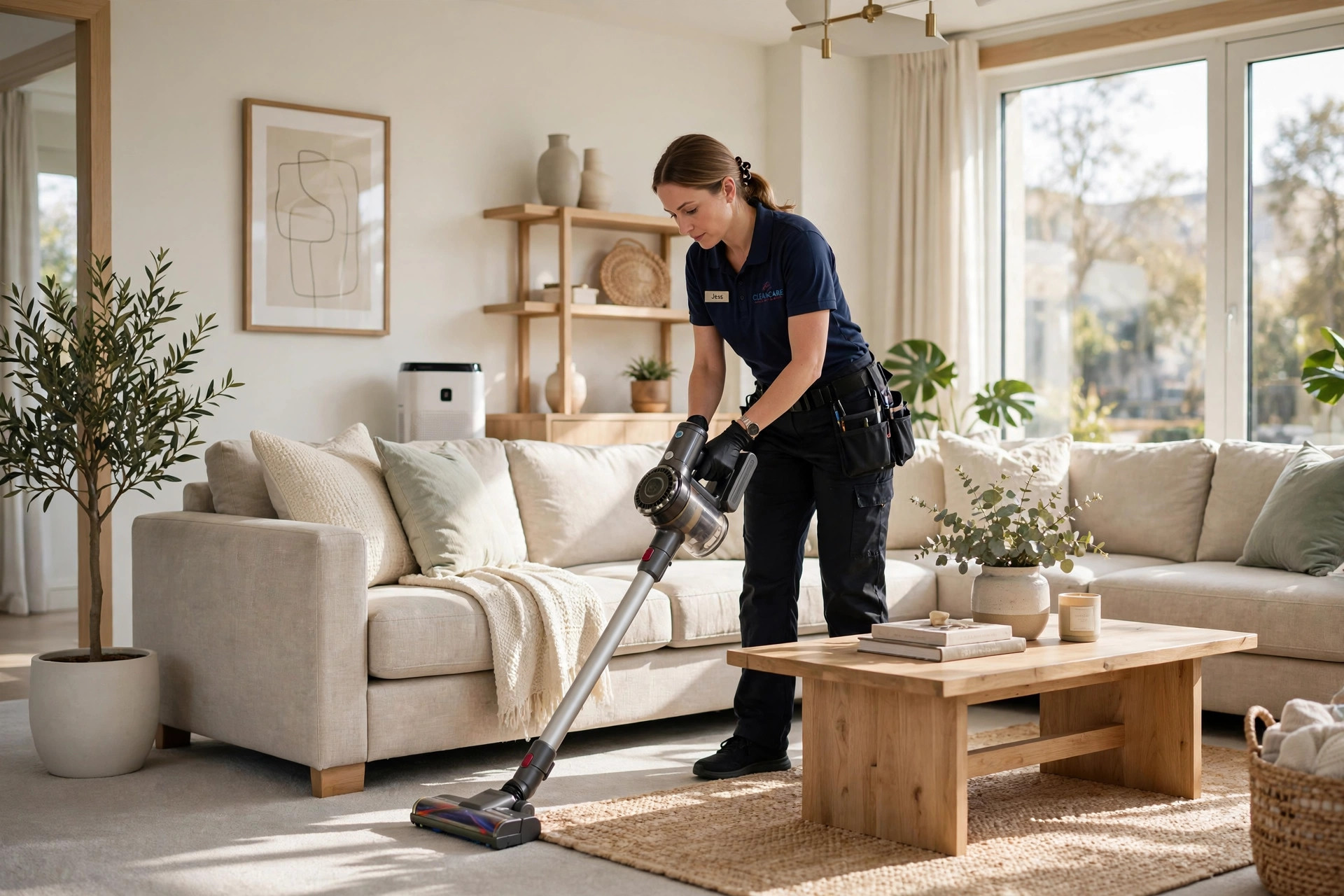 Cleaning professional vacuuming a bright modern living room with fresh furniture