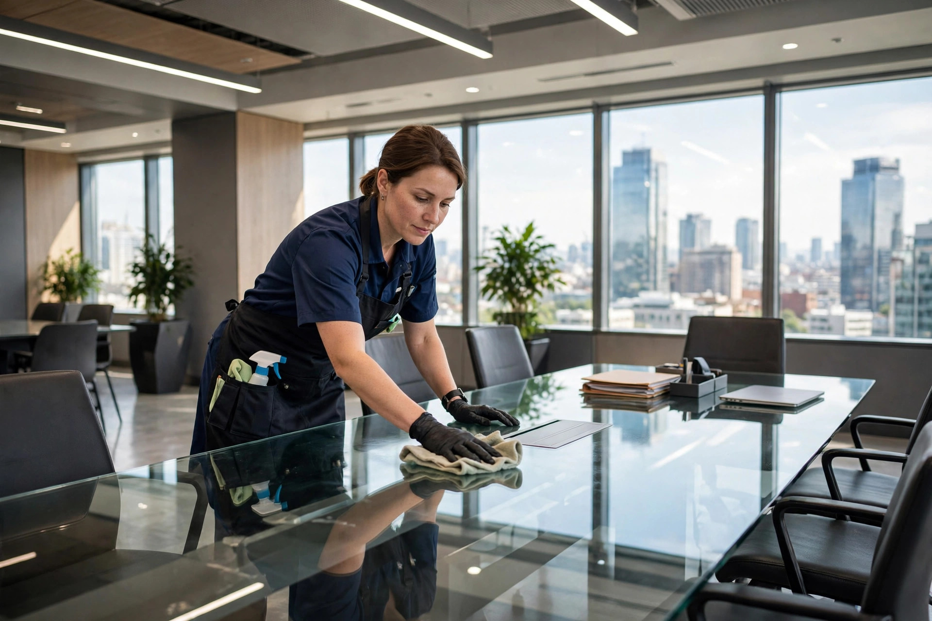 Professional cleaner polishing a glass conference table in a modern commercial office