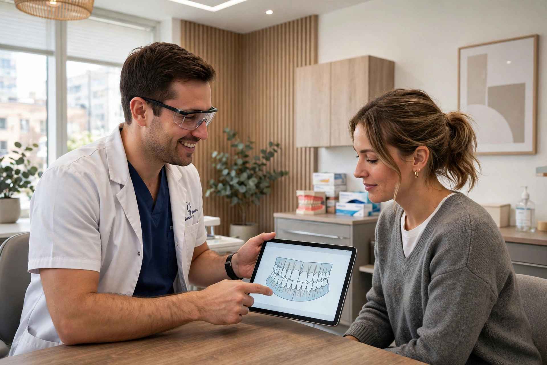 Dentist showing a patient a treatment plan on a tablet in a modern dental office