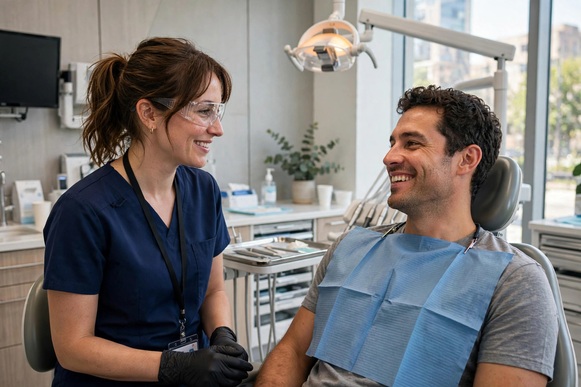 Dental hygienist with a smiling patient in a bright modern dental operatory