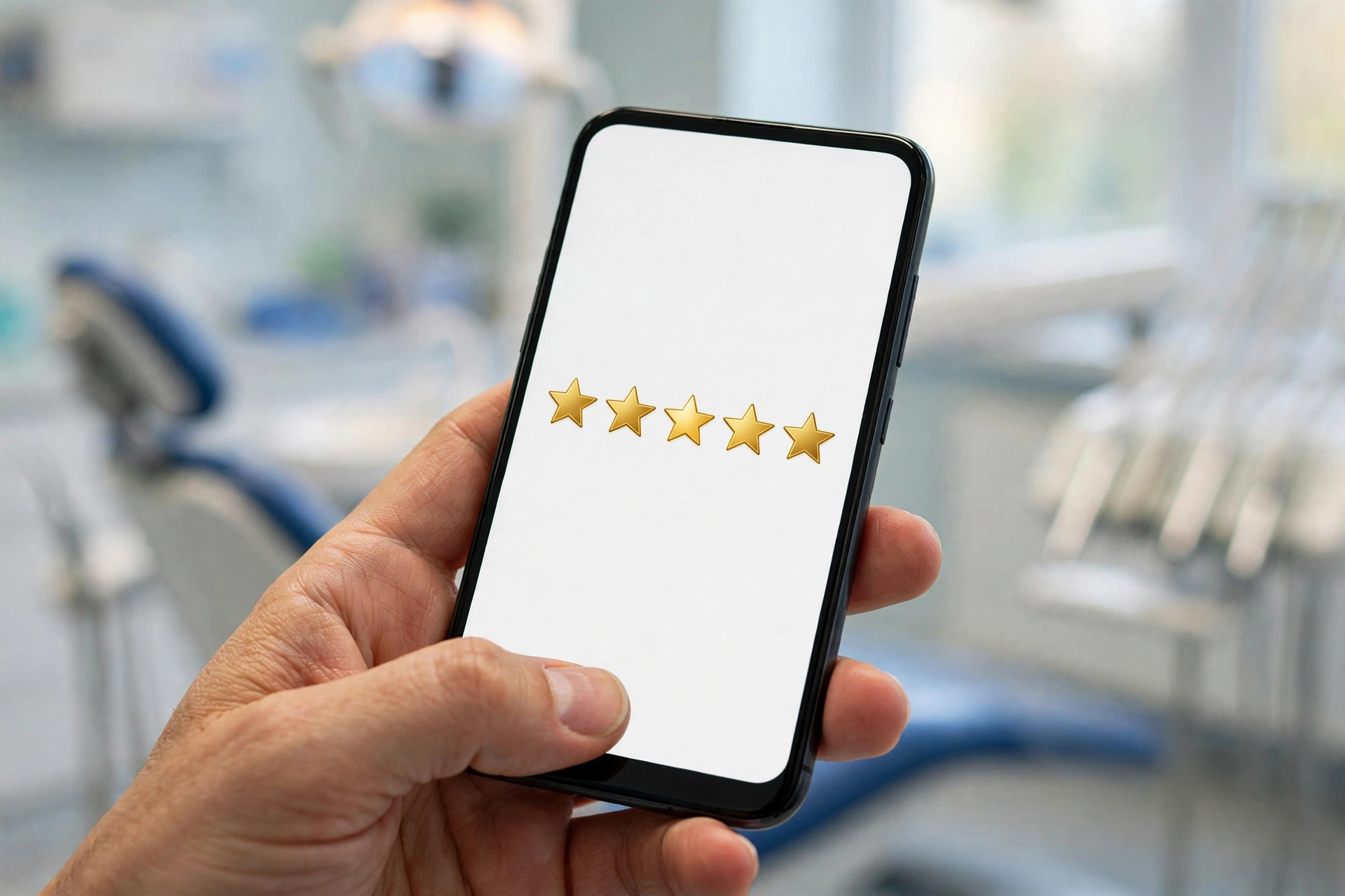 Dental Marketing Ideas Patient leaving a five star Google review for a dental practice on a phone