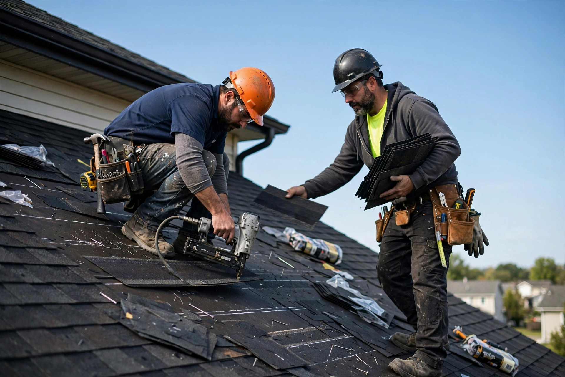 Roofing crew installing new shingles on a residential house roof
