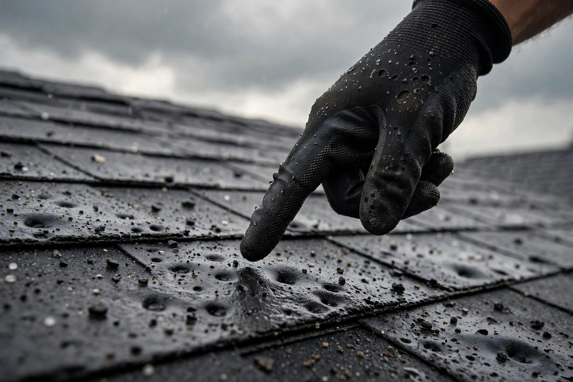 Roofer inspecting hail damage on dark roof shingles after a storm