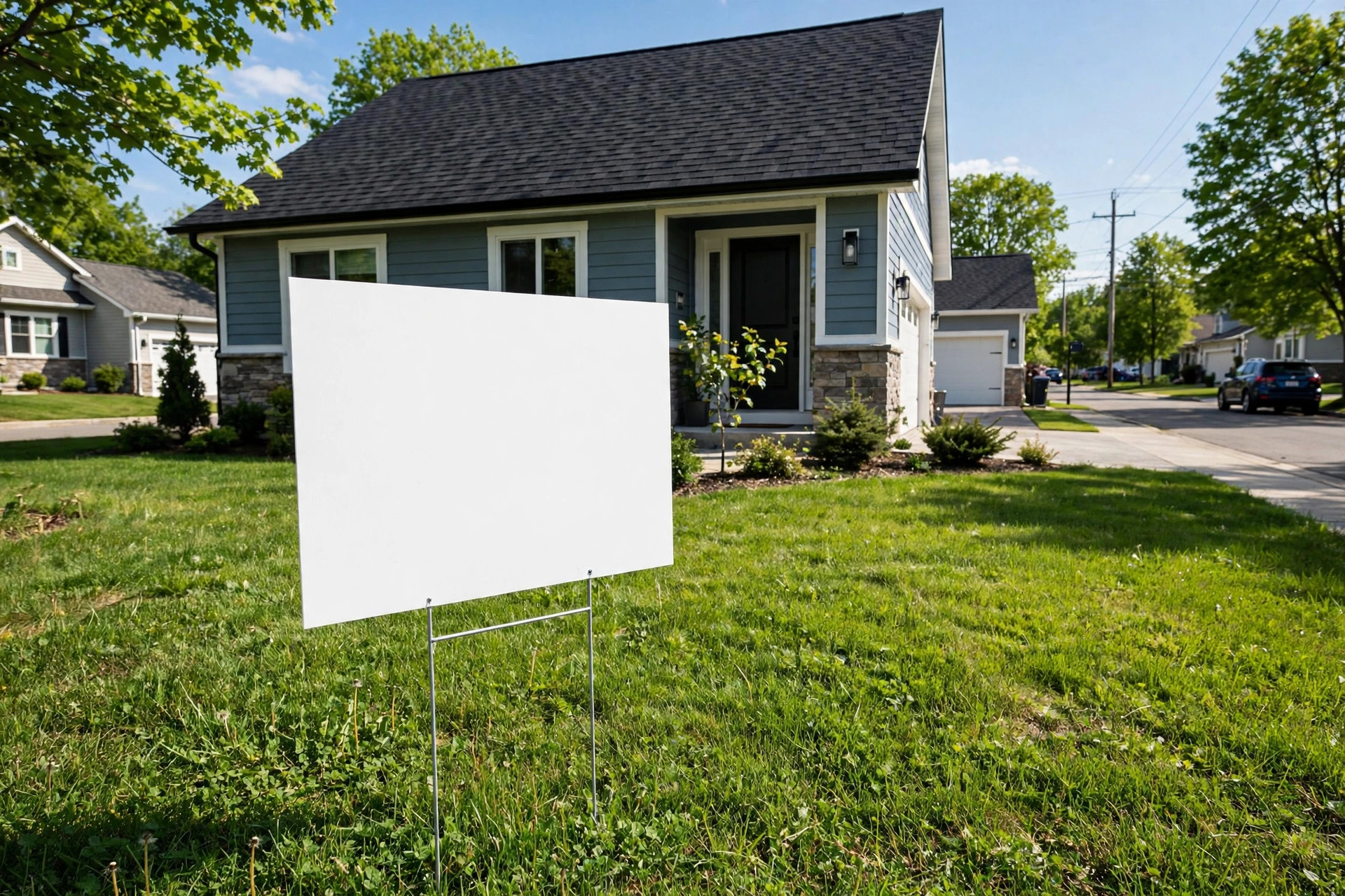 Yard sign in front of a house with a brand new roof on a sunny day
