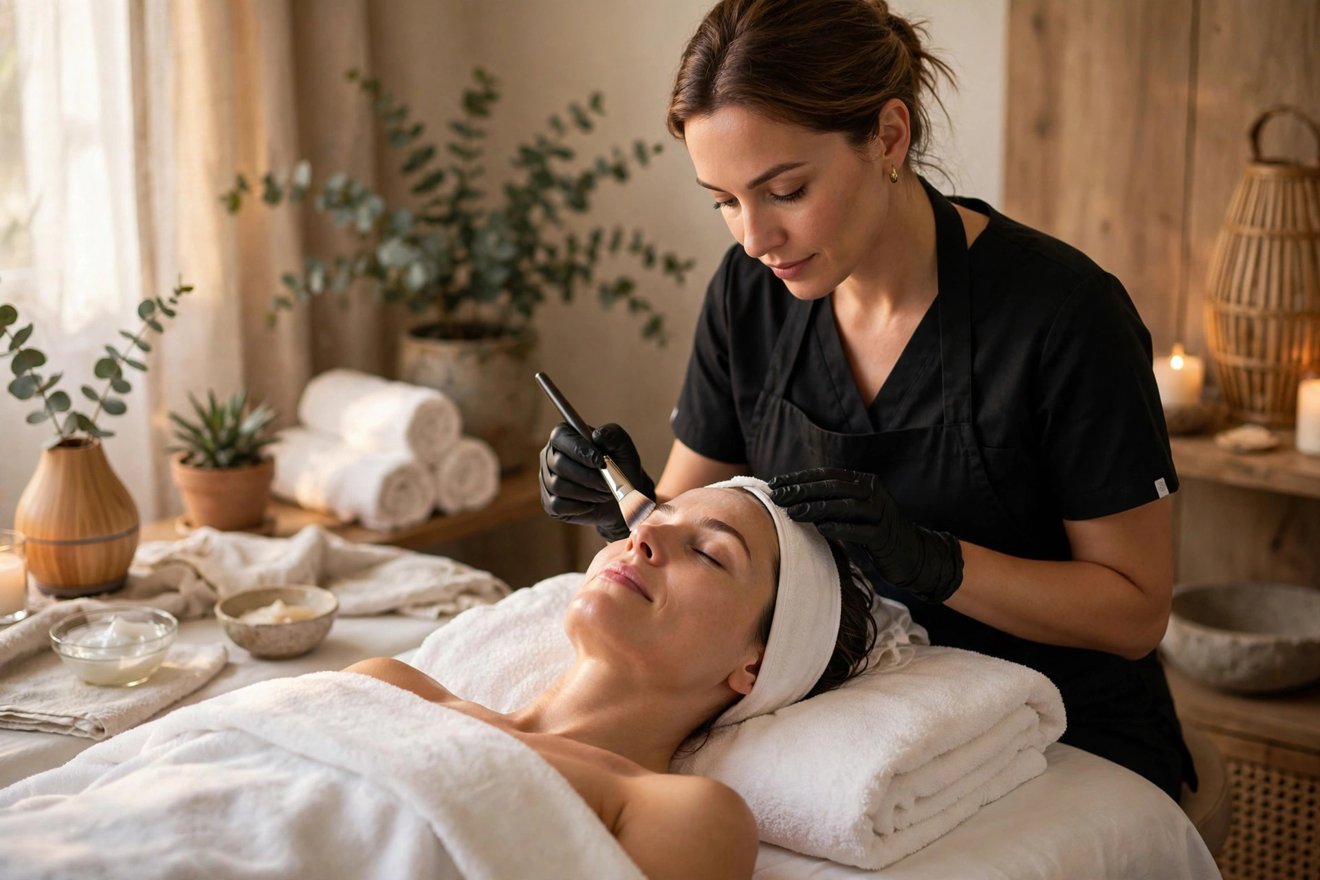Med Spa Marketing Ideas Esthetician performing a facial treatment on a client in a luxury med spa room