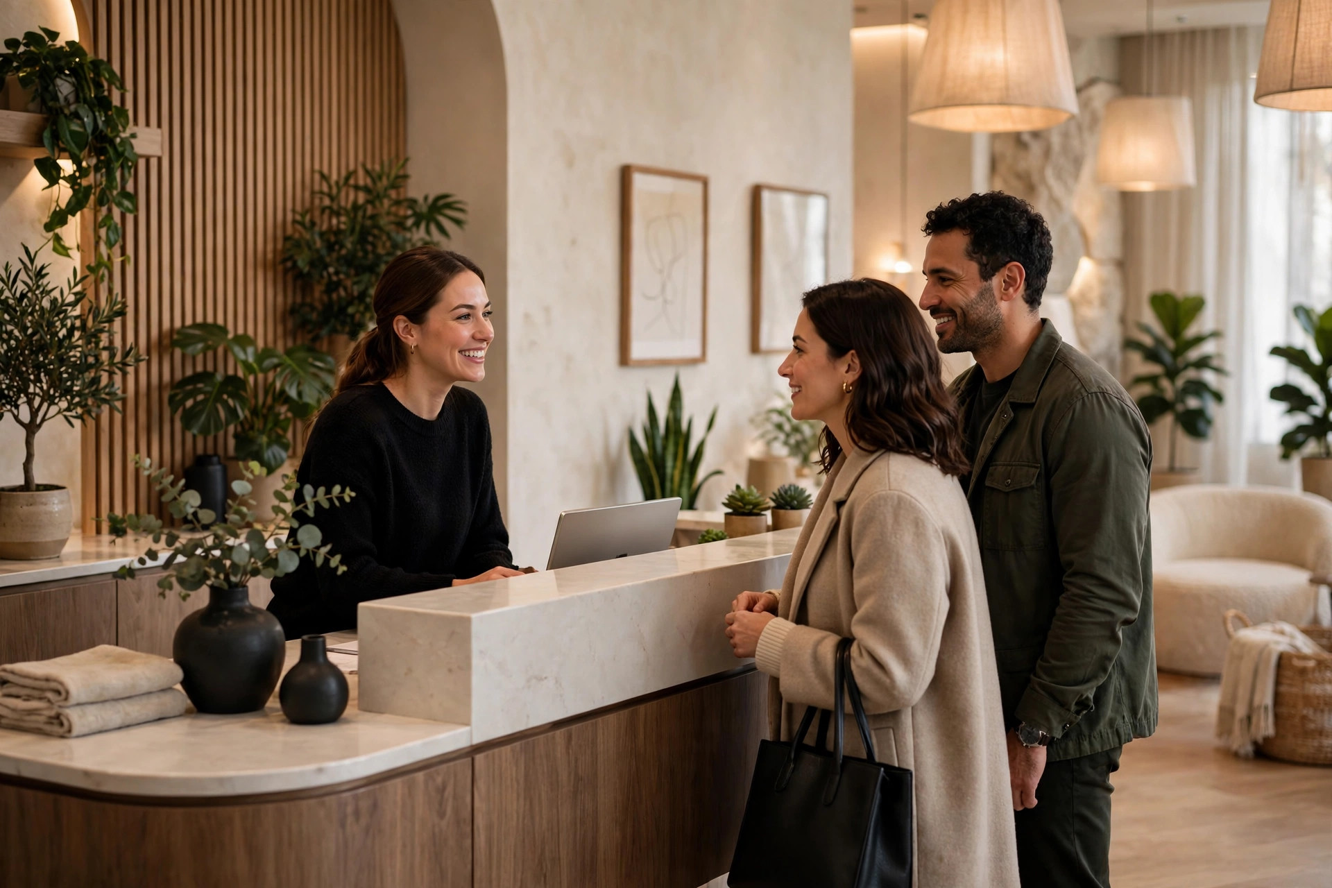Med Spa Marketing Ideas Modern med spa reception area with clients checking in at the front desk