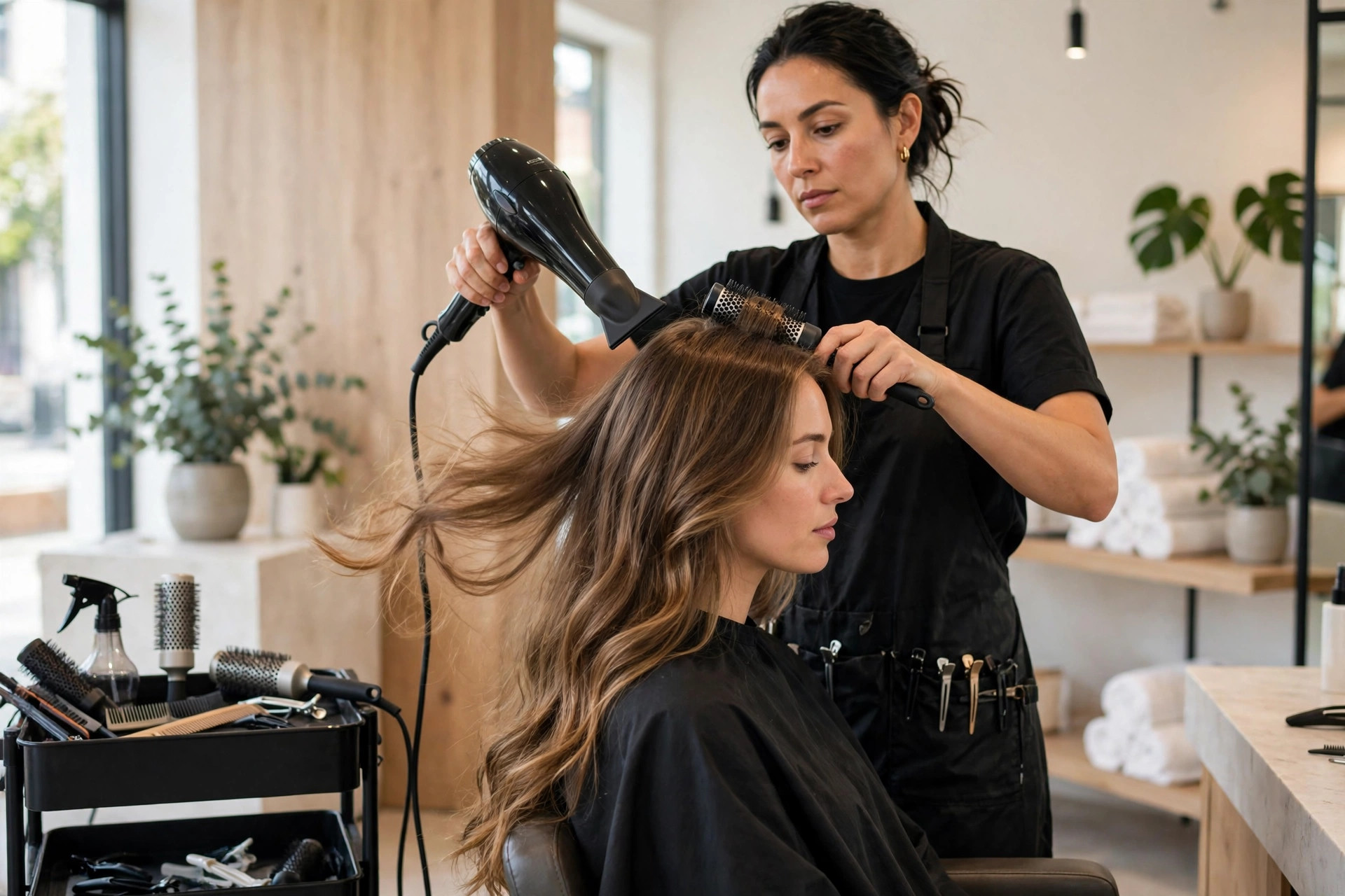 Hair stylist blow drying a clients hair in a bright modern salon