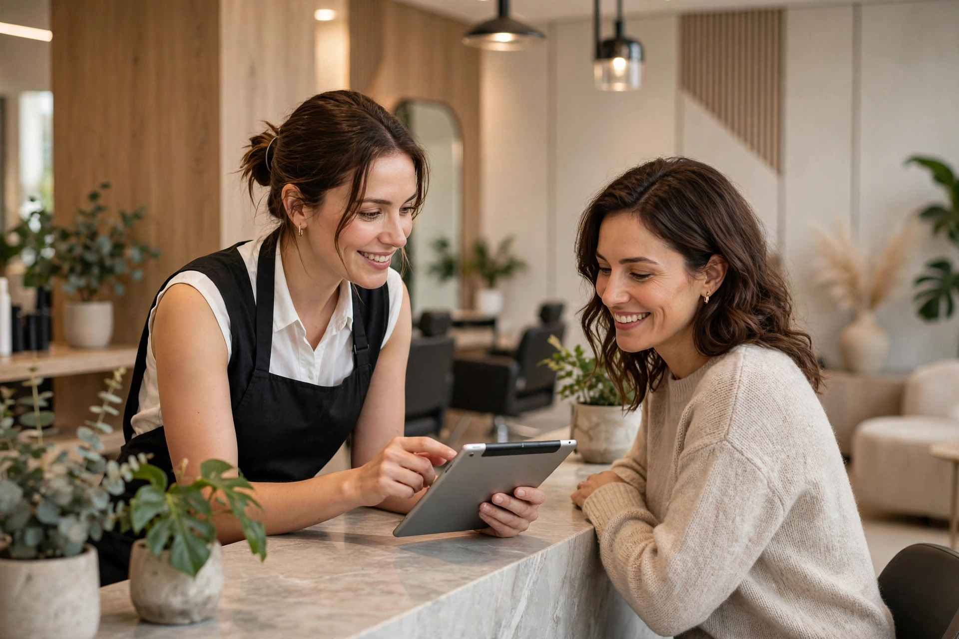Salon receptionist confirming an appointment with a client at the front desk