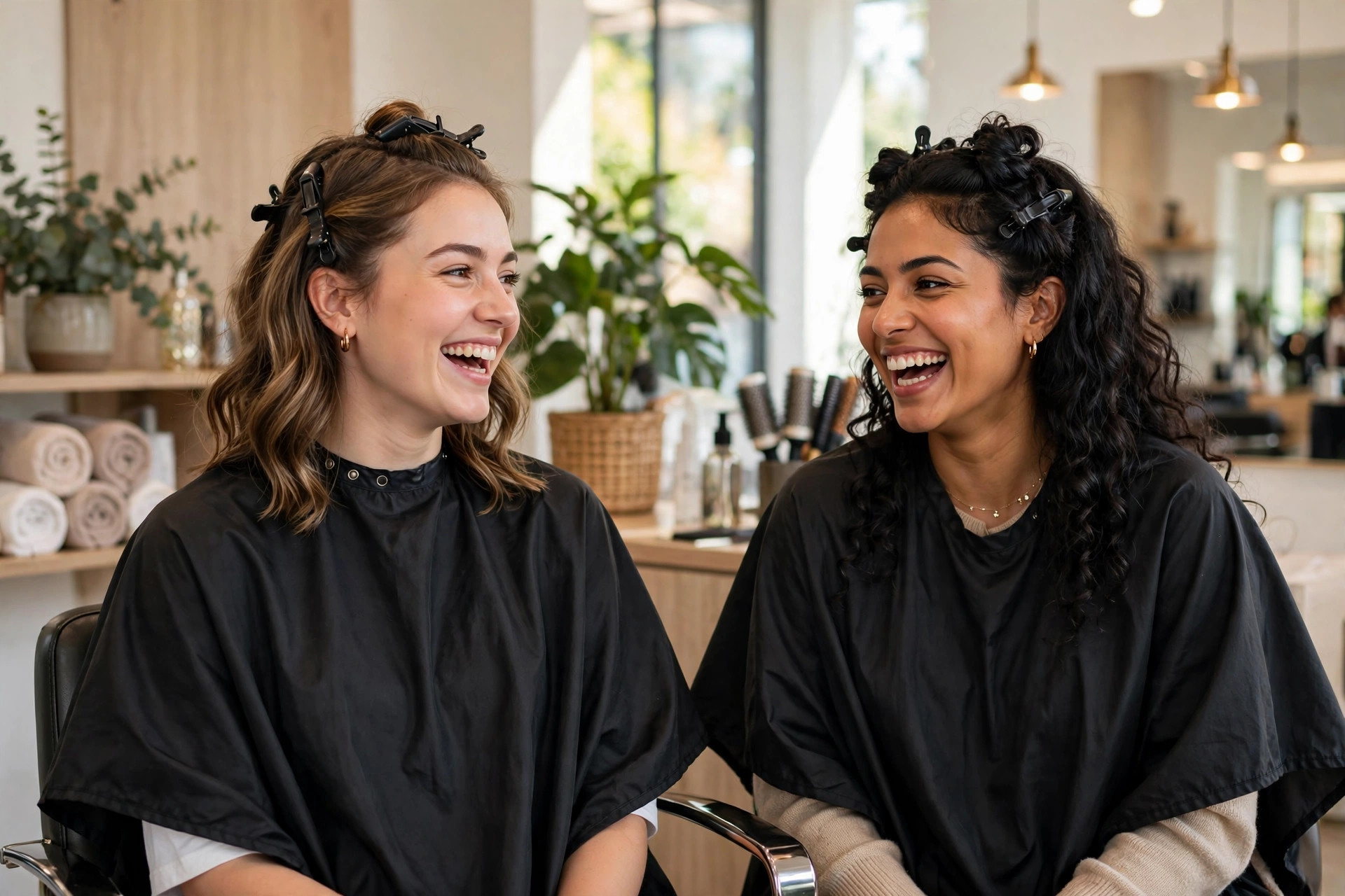 Two friends getting their hair styled together at a salon