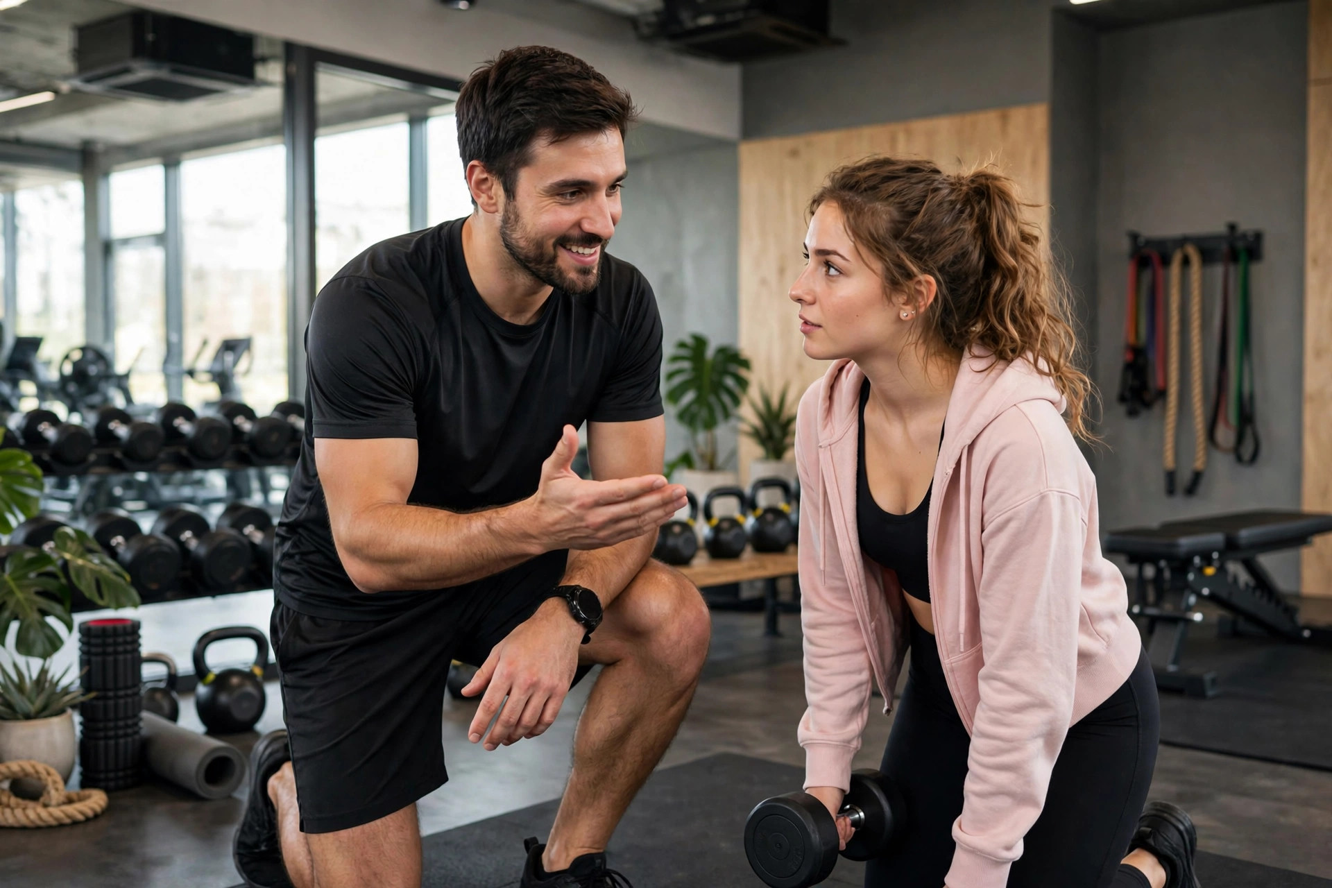 Gym Marketing Ideas Personal trainer guiding a new gym member during a trial workout session