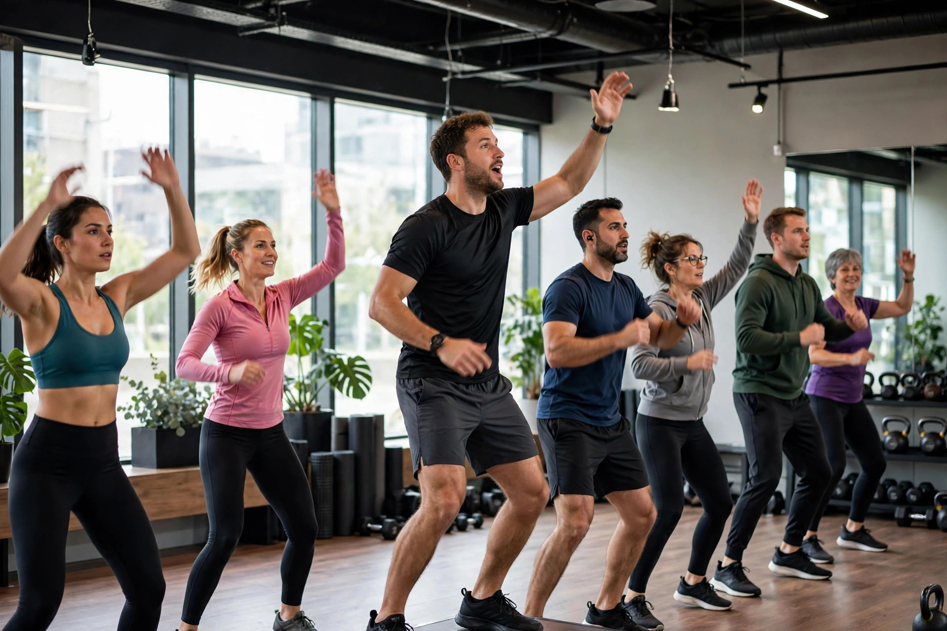 Gym Marketing Ideas Group fitness in progress with members following an instructor