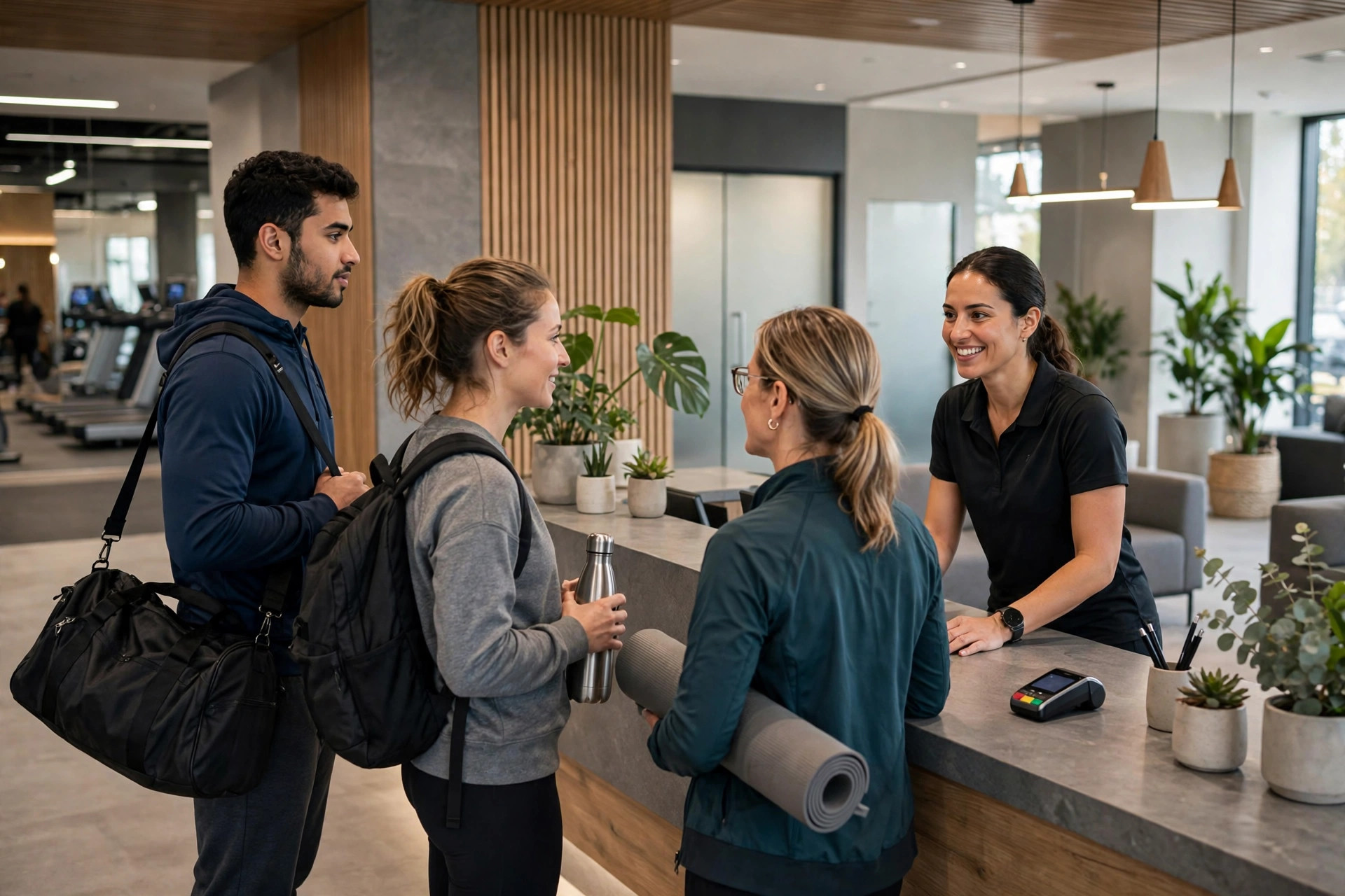 Gym Marketing Ideas Gym members checking in at the front desk with a staff member