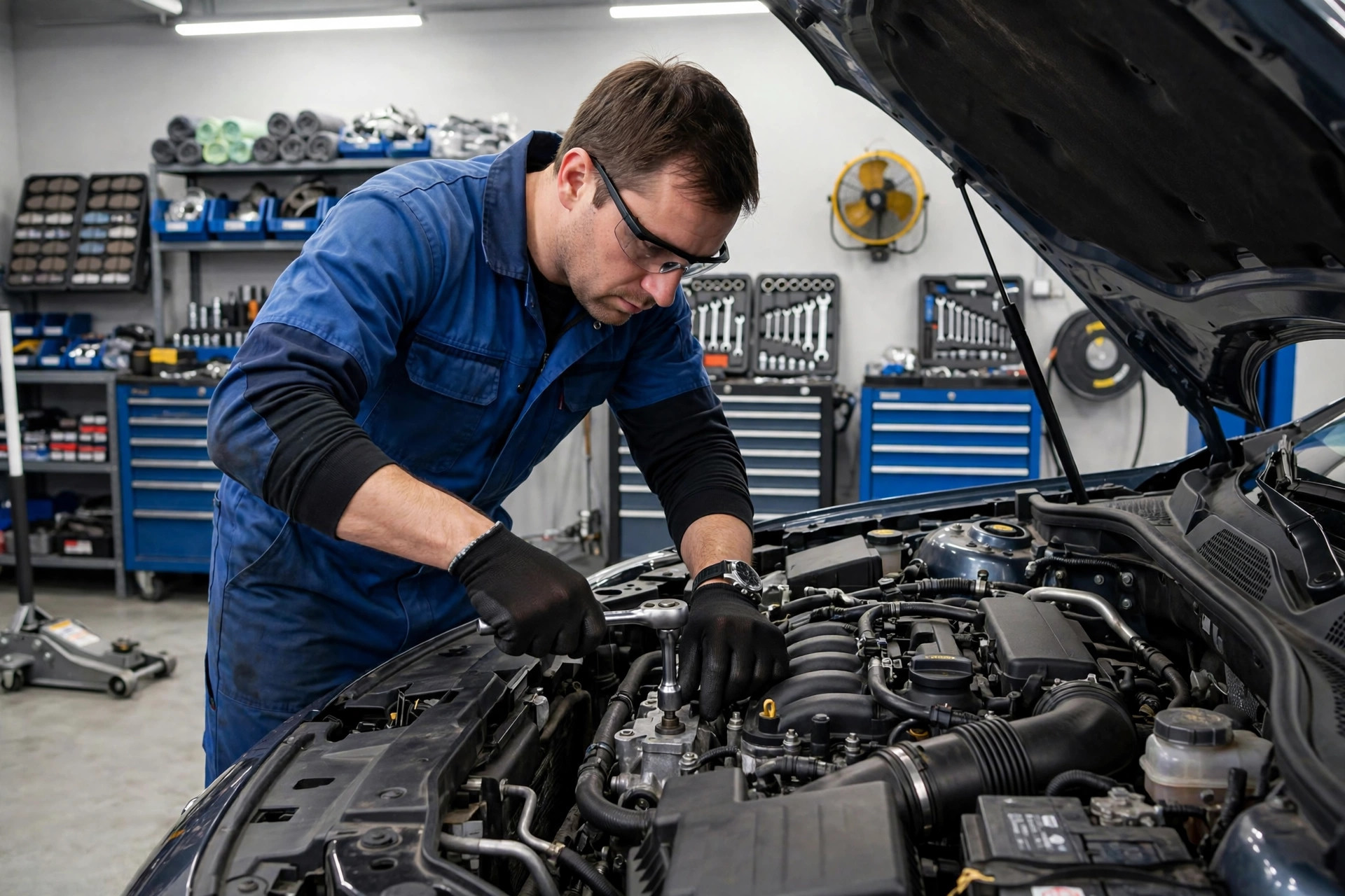 Auto Repair Shop Marketing Ideas Auto mechanic working on a car engine in a clean professional repair shop