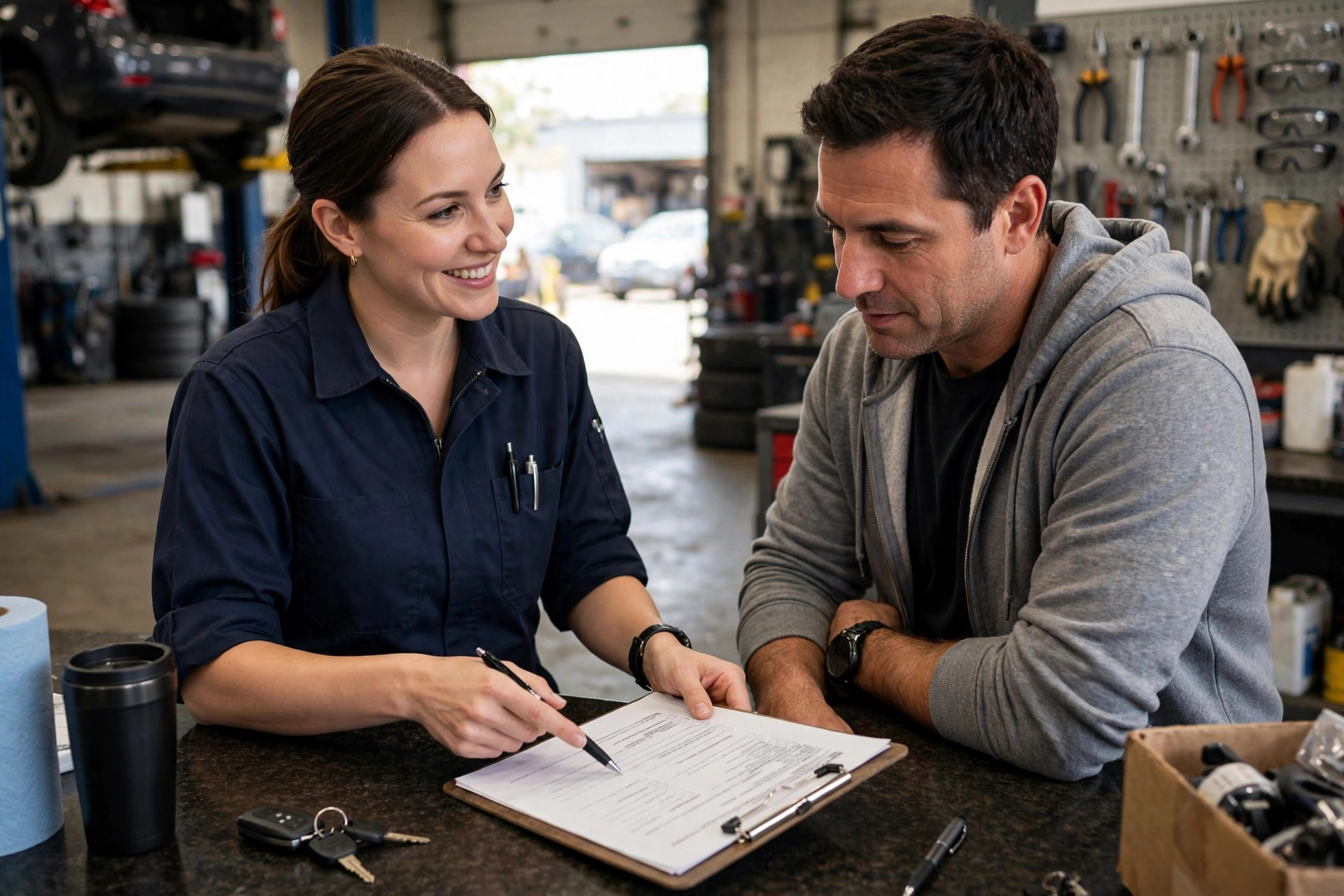 Auto Repair Shop Marketing Ideas Service advisor explaining a vehicle inspection report to a customer