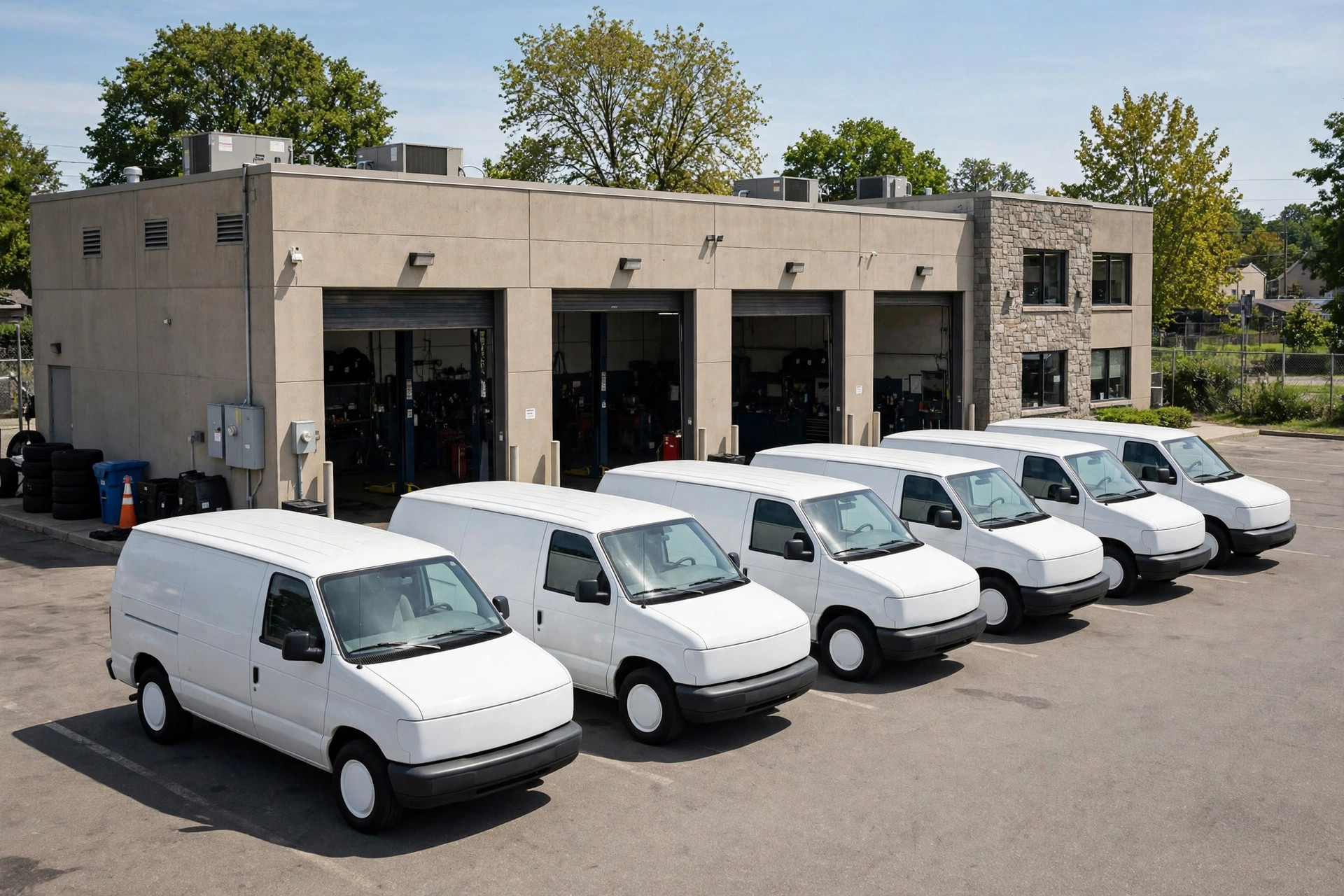 Auto Repair Shop Marketing Ideas Fleet of white service vans parked outside an auto repair shop