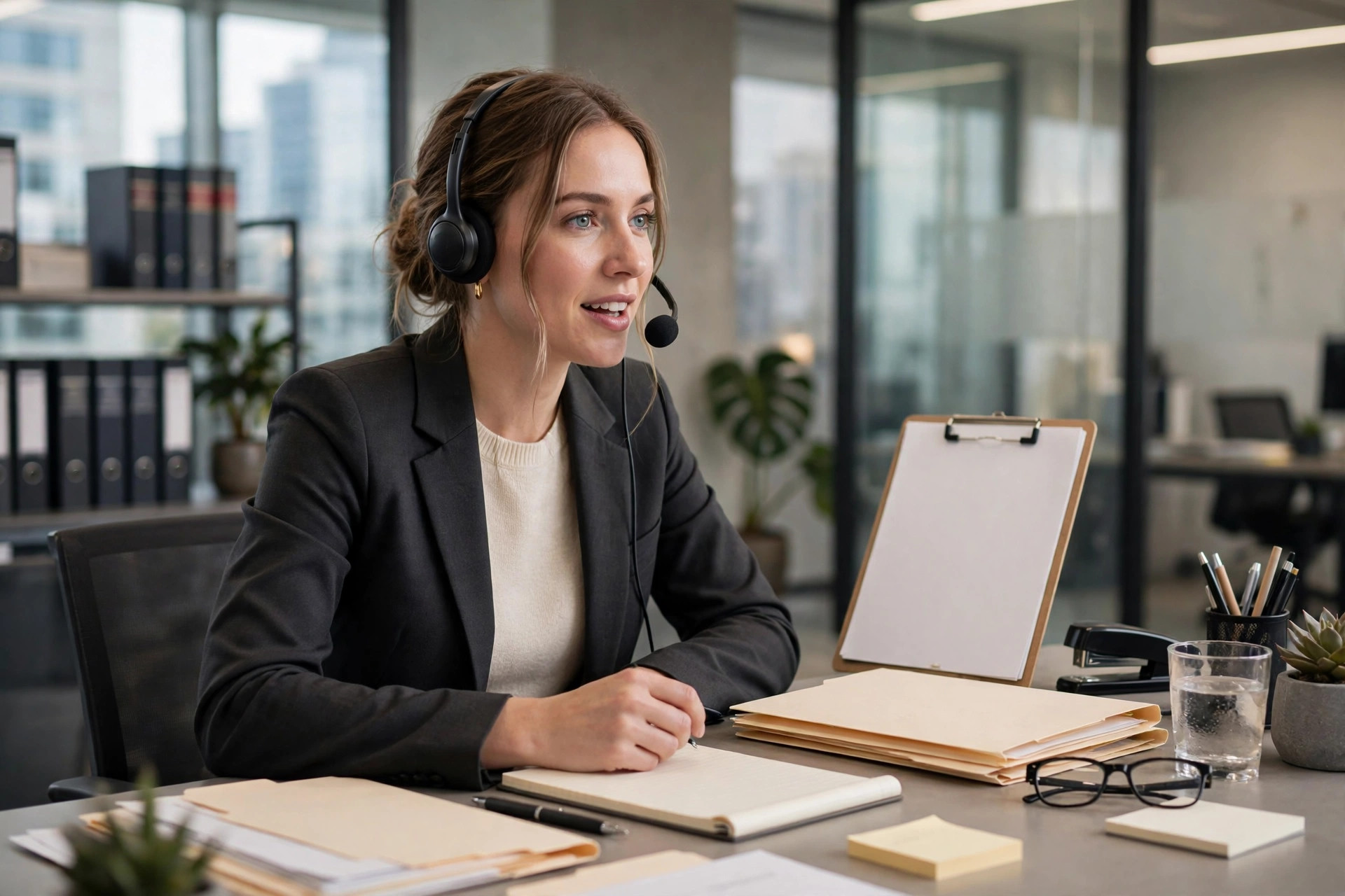 Law firm intake specialist answering client calls at a modern office desk