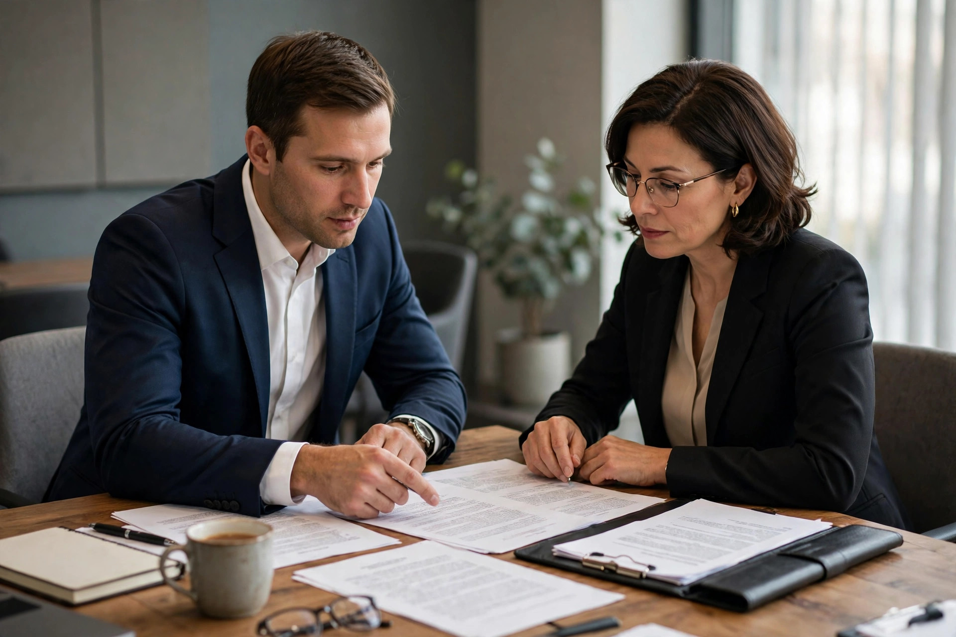 Attorney reviewing case documents with a client in a conference room