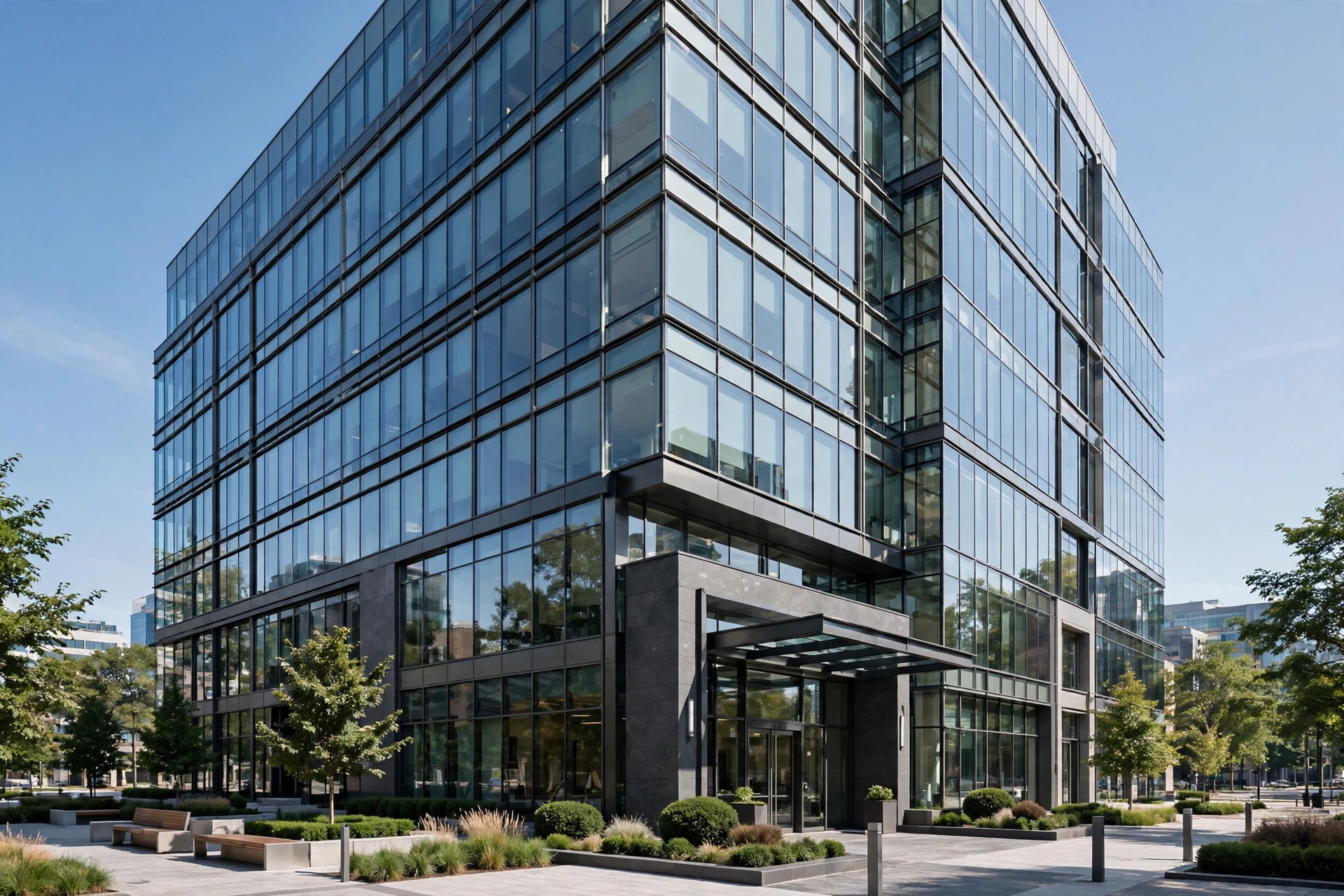 Modern law firm office building exterior with glass facade