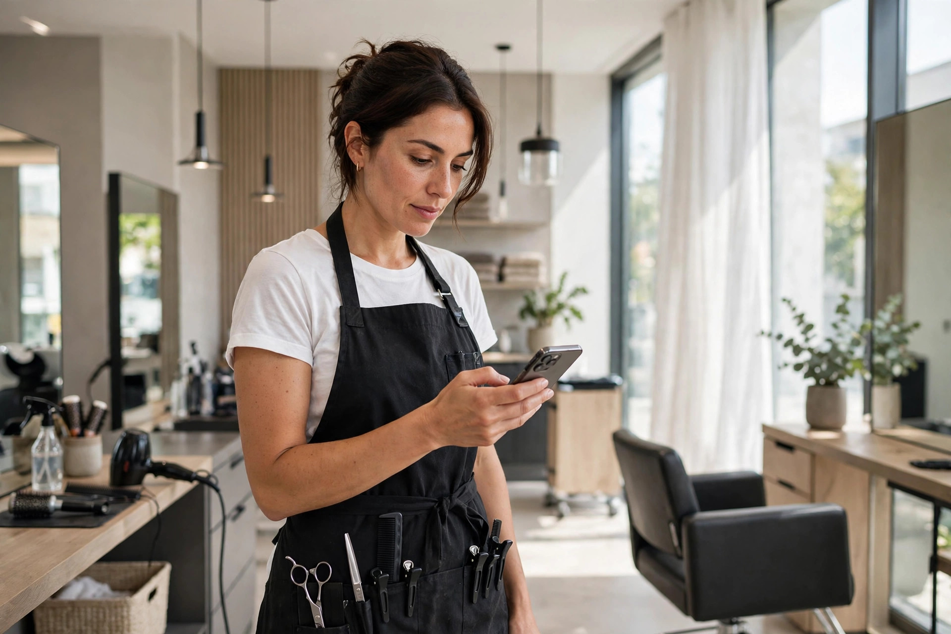 Hair stylist confirming appointments on a smartphone in a bright salon