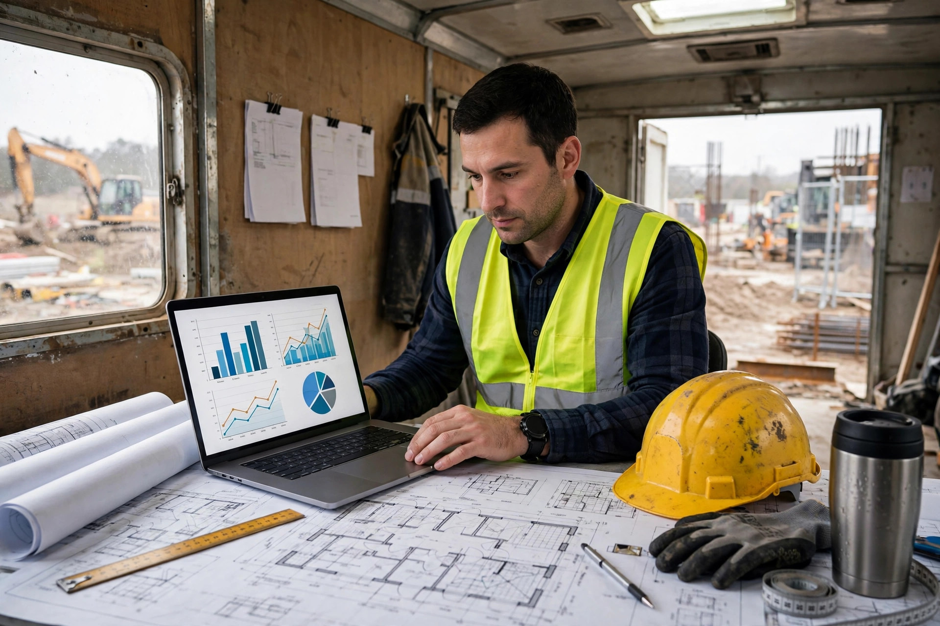 Contractor reviewing business profile analytics on a laptop in a job site office