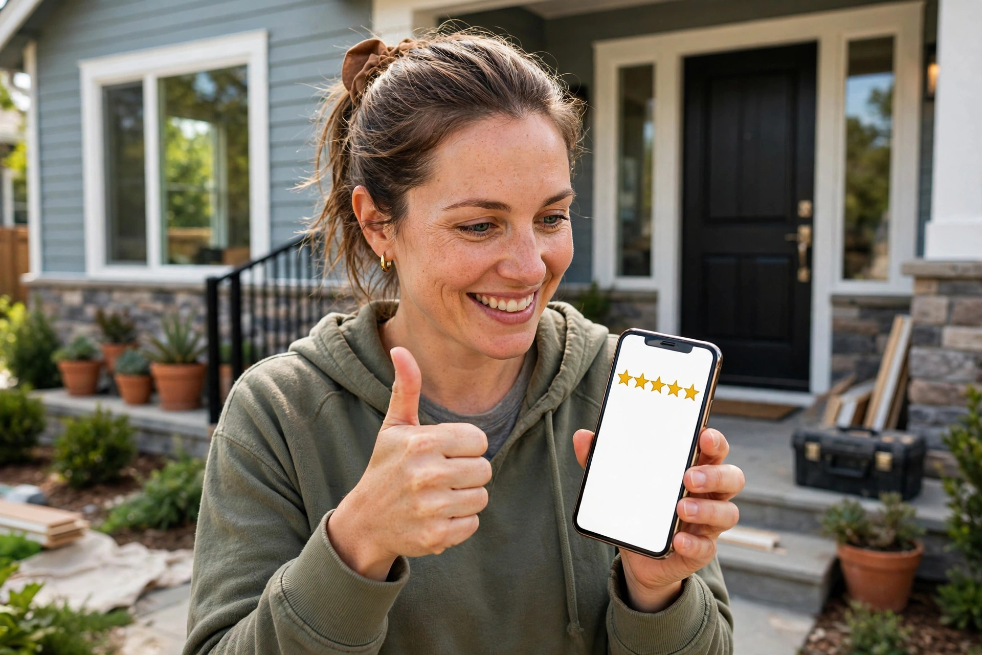 Happy homeowner leaving a five star Google review for a contractor on a phone