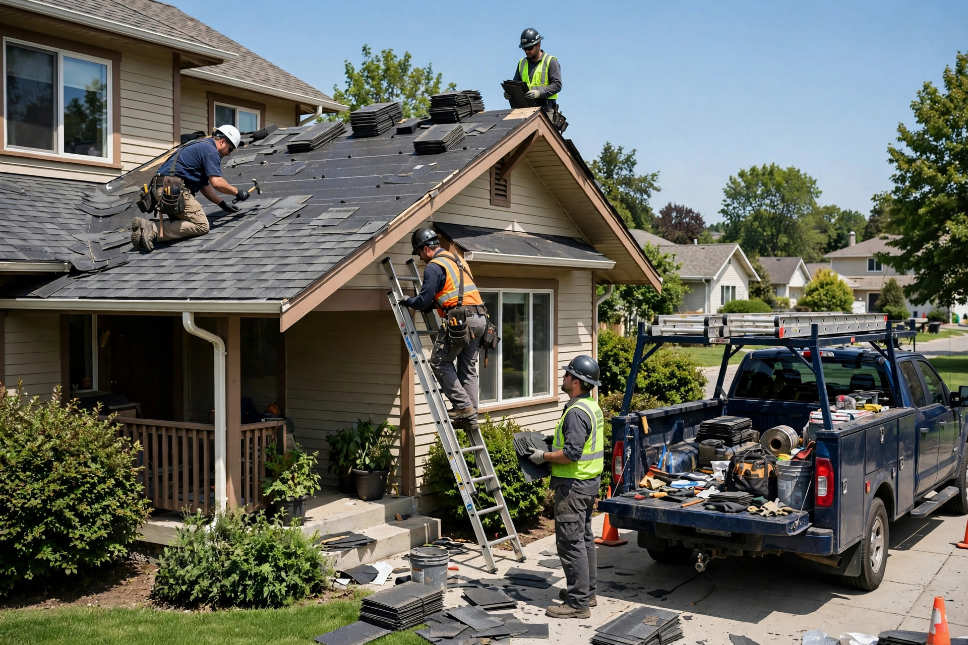 Contractor crew working on a residential roofing job with a work truck