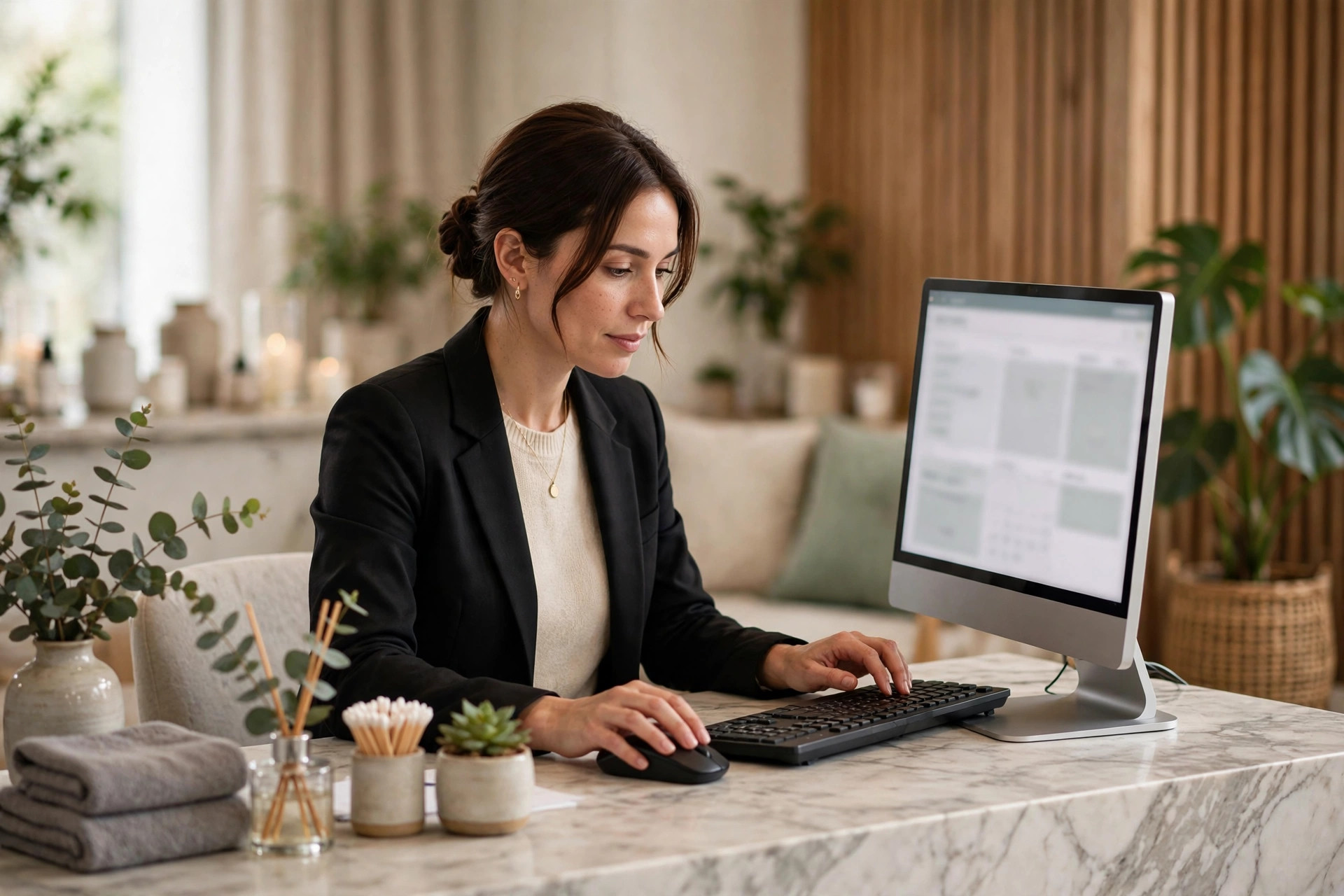 Online Booking System for Med Spas Med spa receptionist managing the appointment schedule on a computer