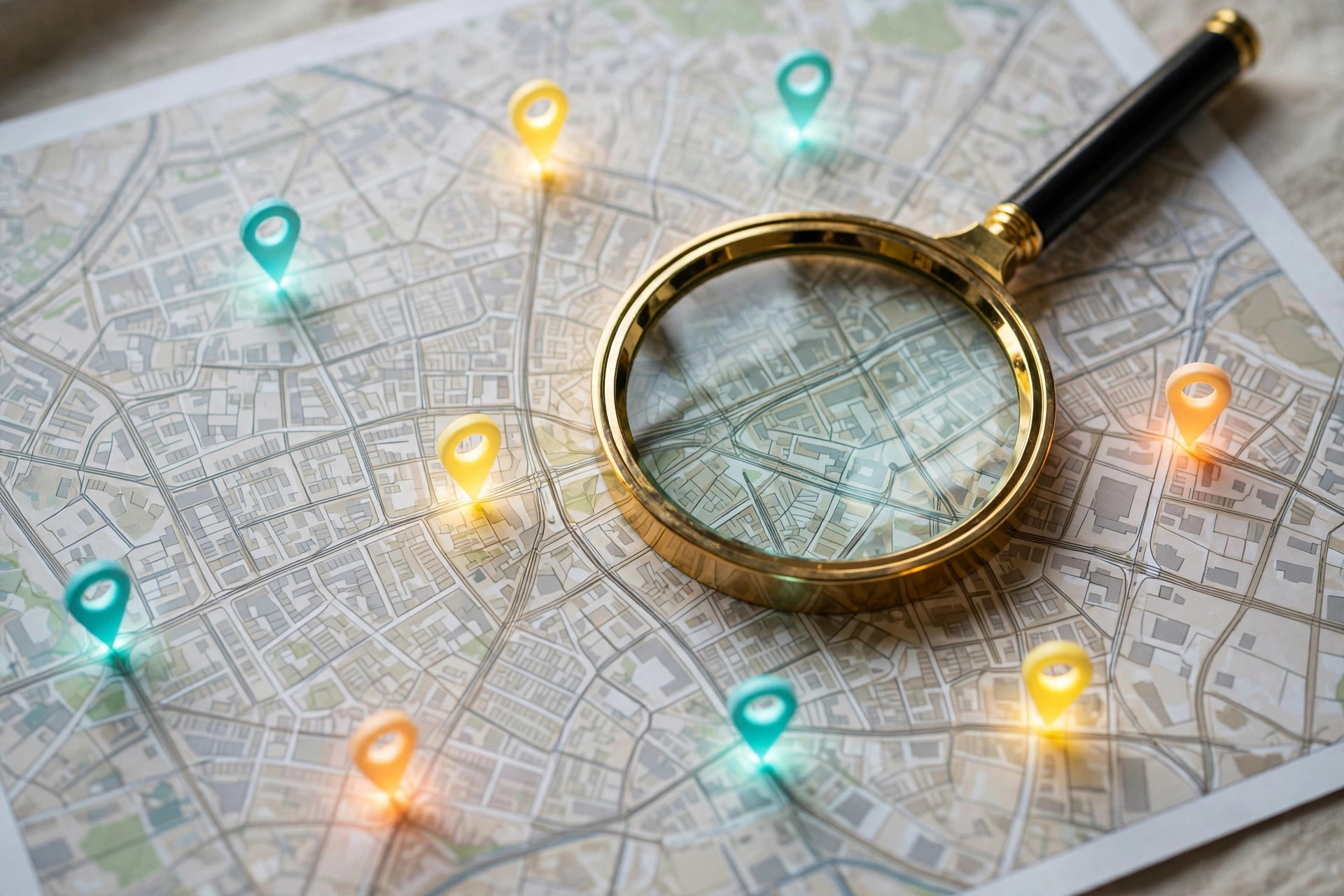 City map with glowing location pins and a magnifying glass resting on top