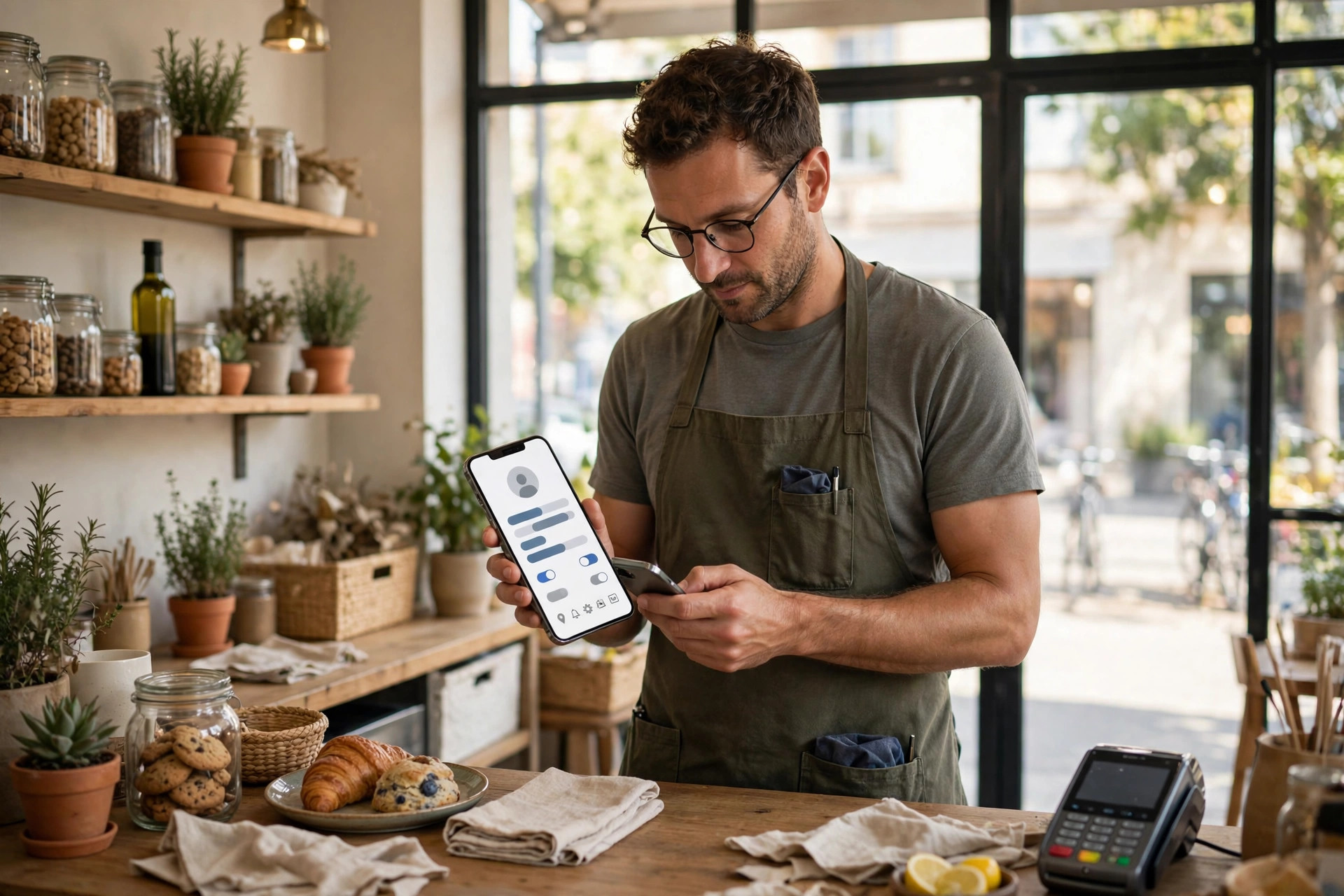 Business owner updating their business profile on a smartphone behind a shop counter