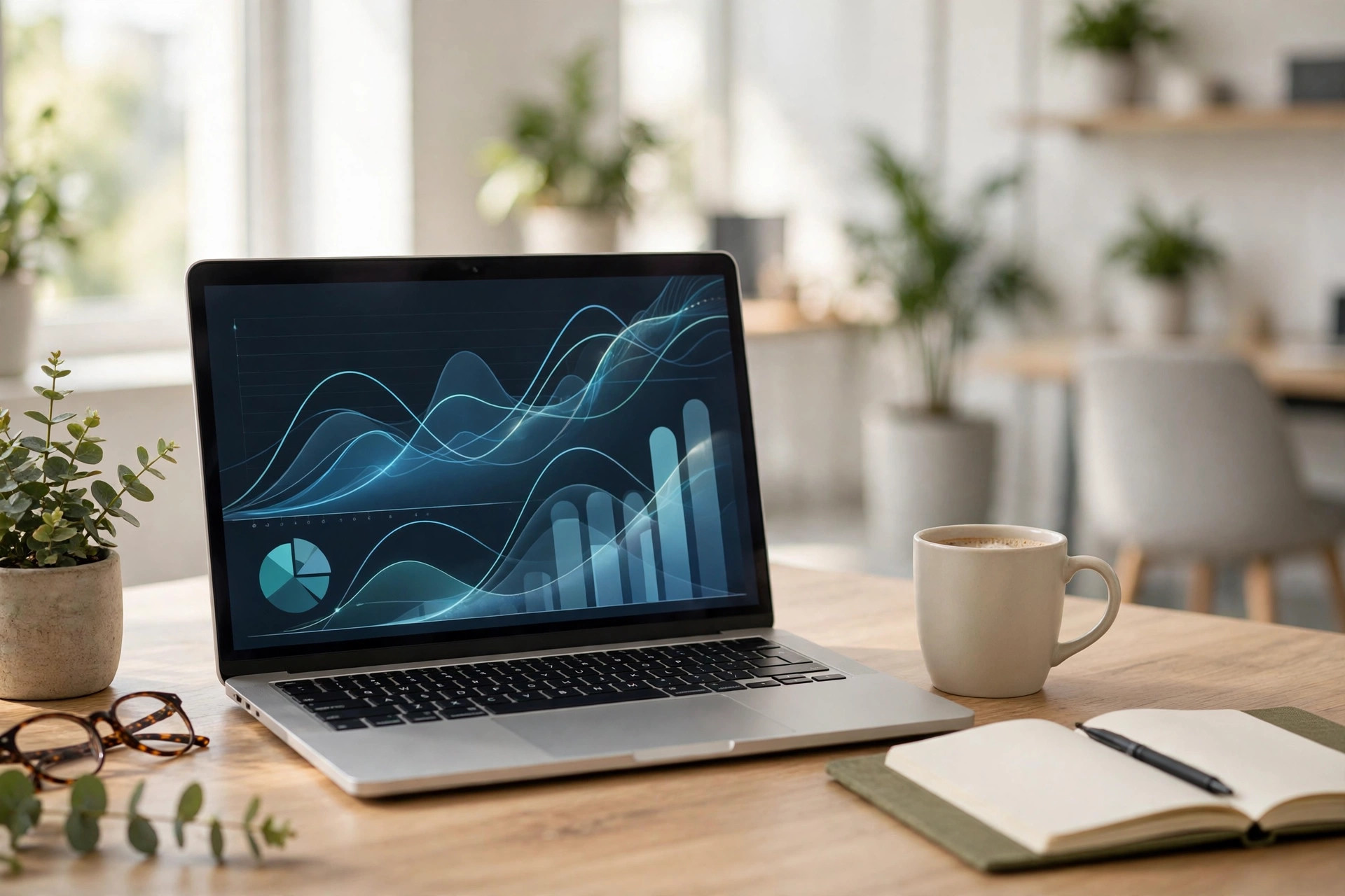 Laptop on a desk displaying analytics charts with rising graphs beside a coffee mug
