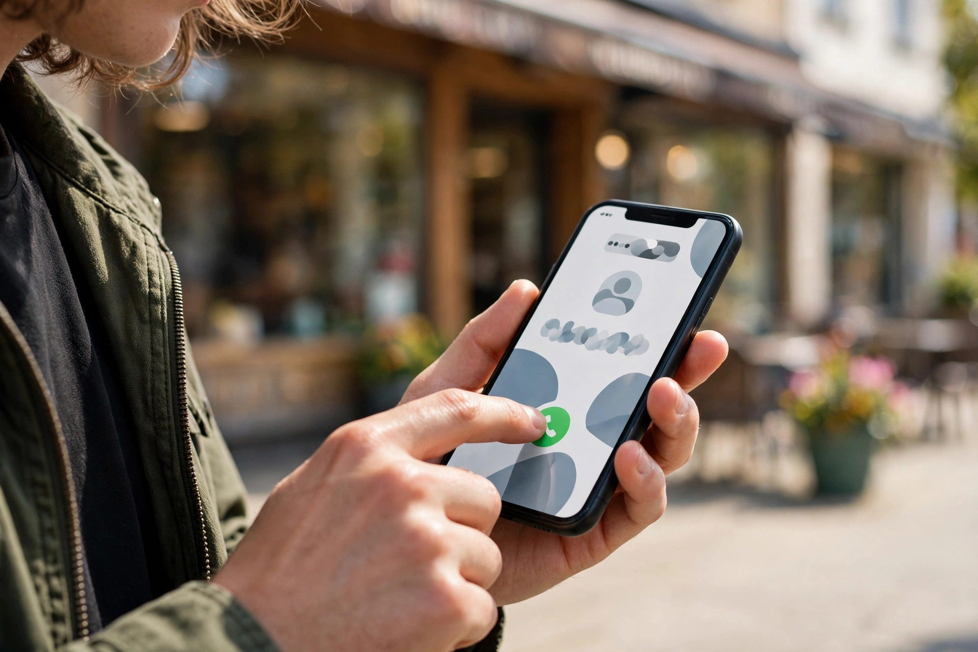 Zero Click Searches: What Local Businesses Need to Know Person tapping a call button on a smartphone to contact a local business with storefront behind