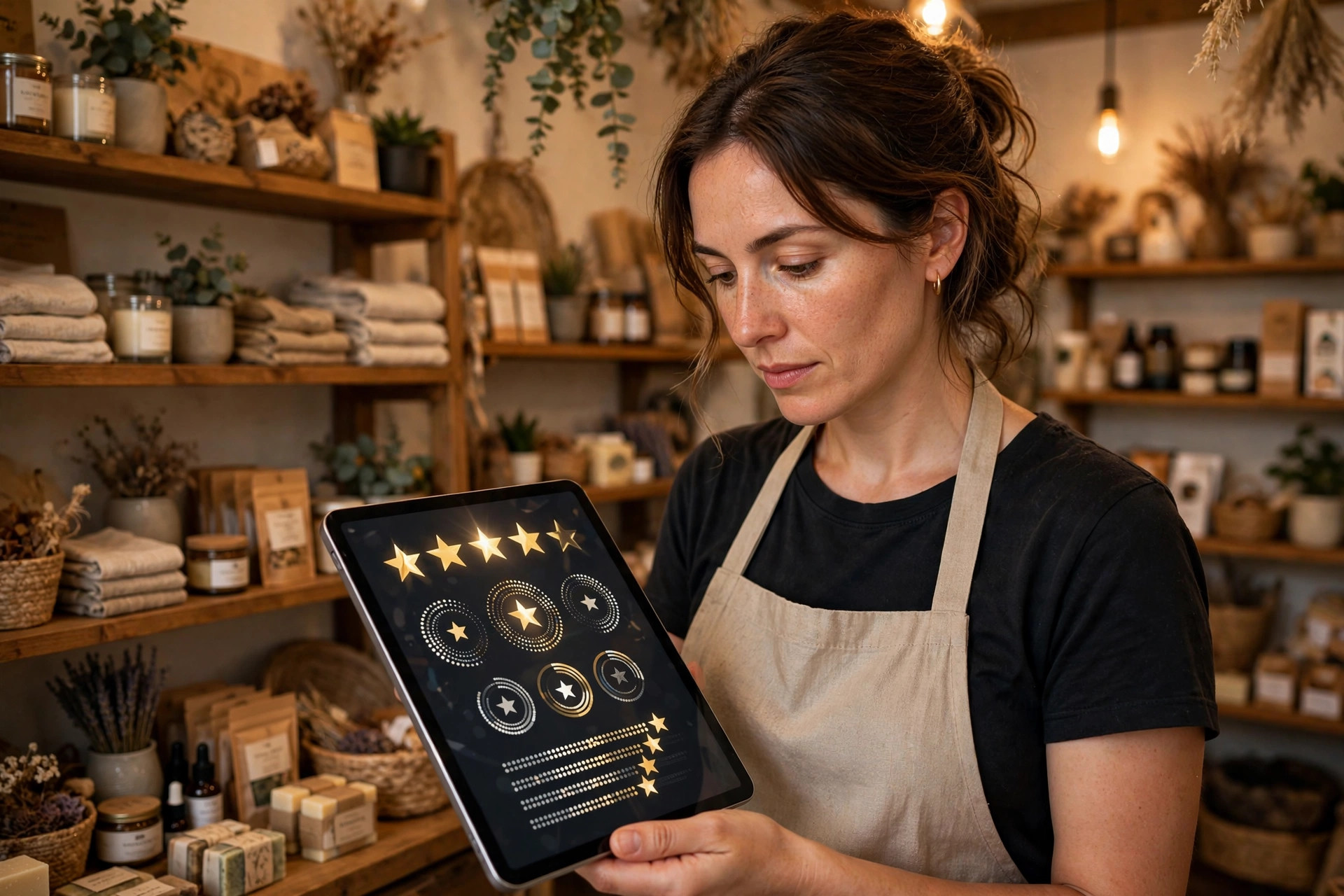 Zero Click Searches: What Local Businesses Need to Know Business owner reviewing customer feedback on a tablet inside a small retail shop