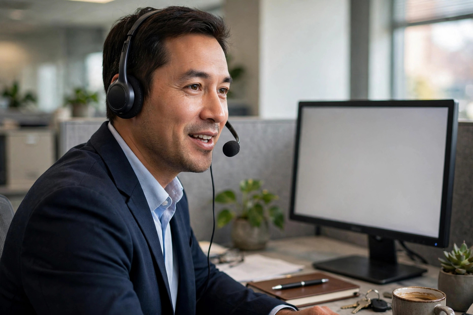AI Receptionist for Insurance Agencies: What to Know Before You Buy Insurance agent wearing a headset, speaking helpfully with a caller at an office desk