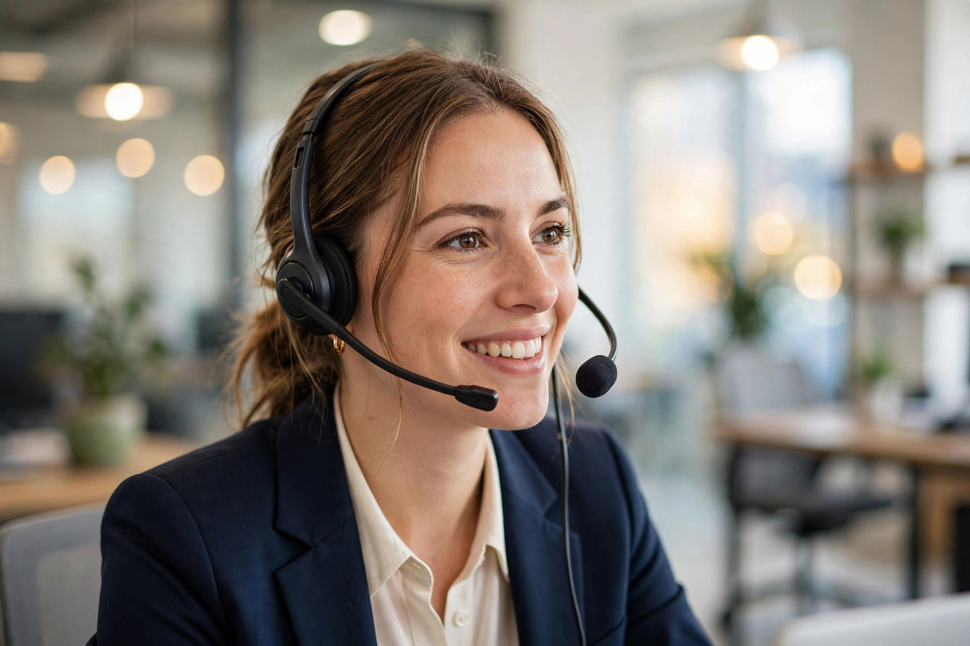 How Much Does an AI Voice Agent Cost? Customer service representative wearing a headset taking a business call in a bright office