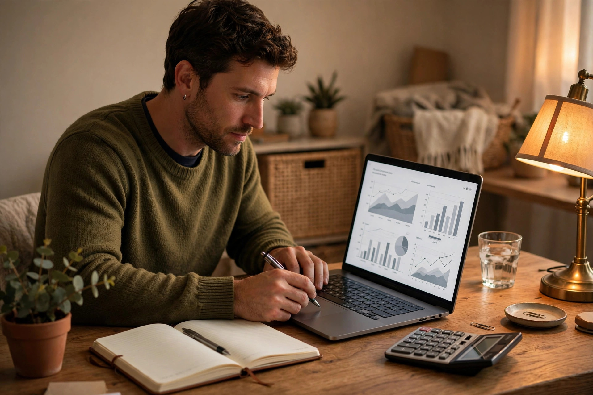 How Much Does an AI Voice Agent Cost? Business owner reviewing monthly expenses on a laptop with a calculator and notebook
