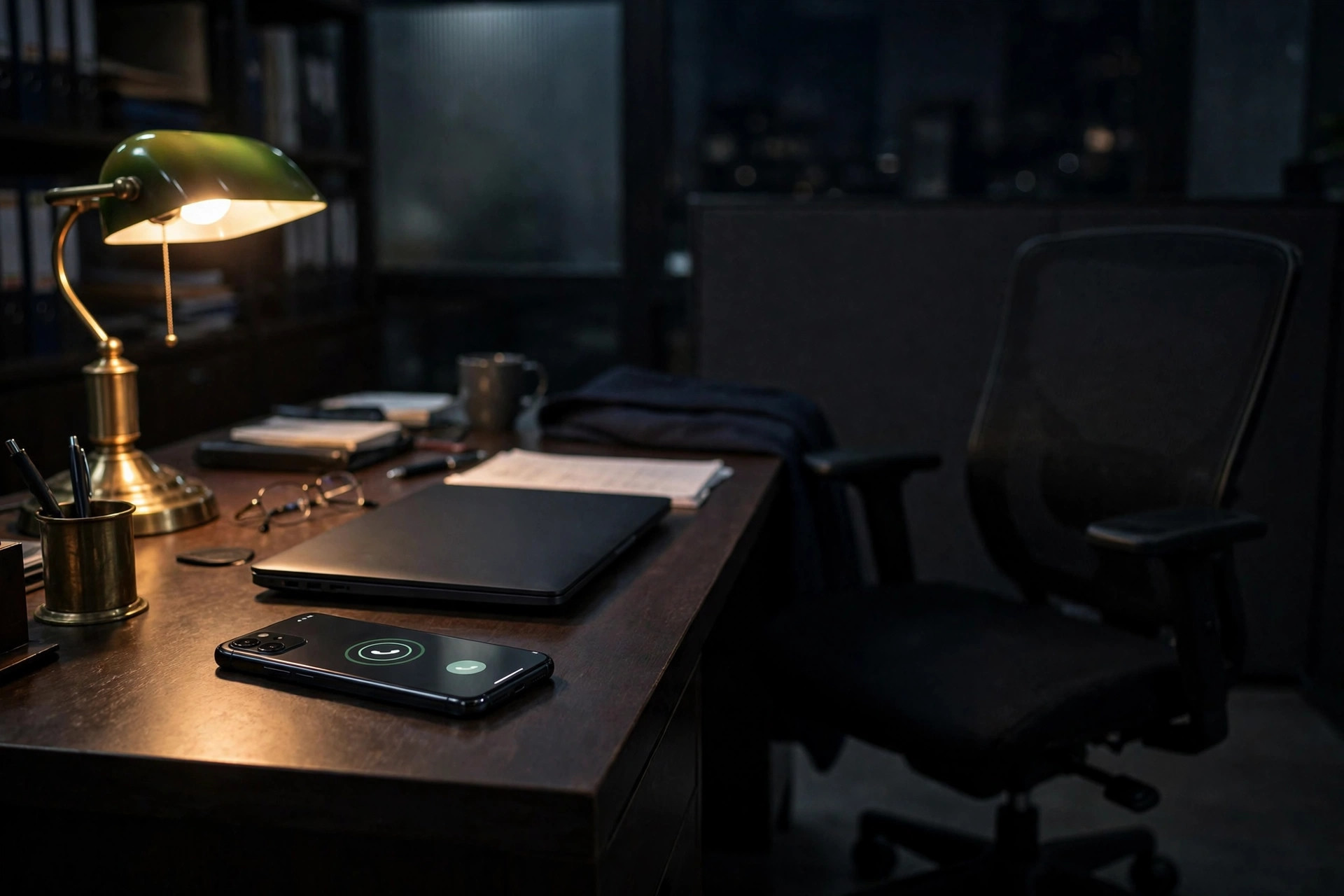 AI Receptionist for Insurance Agencies: What to Know Before You Buy A smartphone ringing on an insurance office desk at night, desk lamp glowing