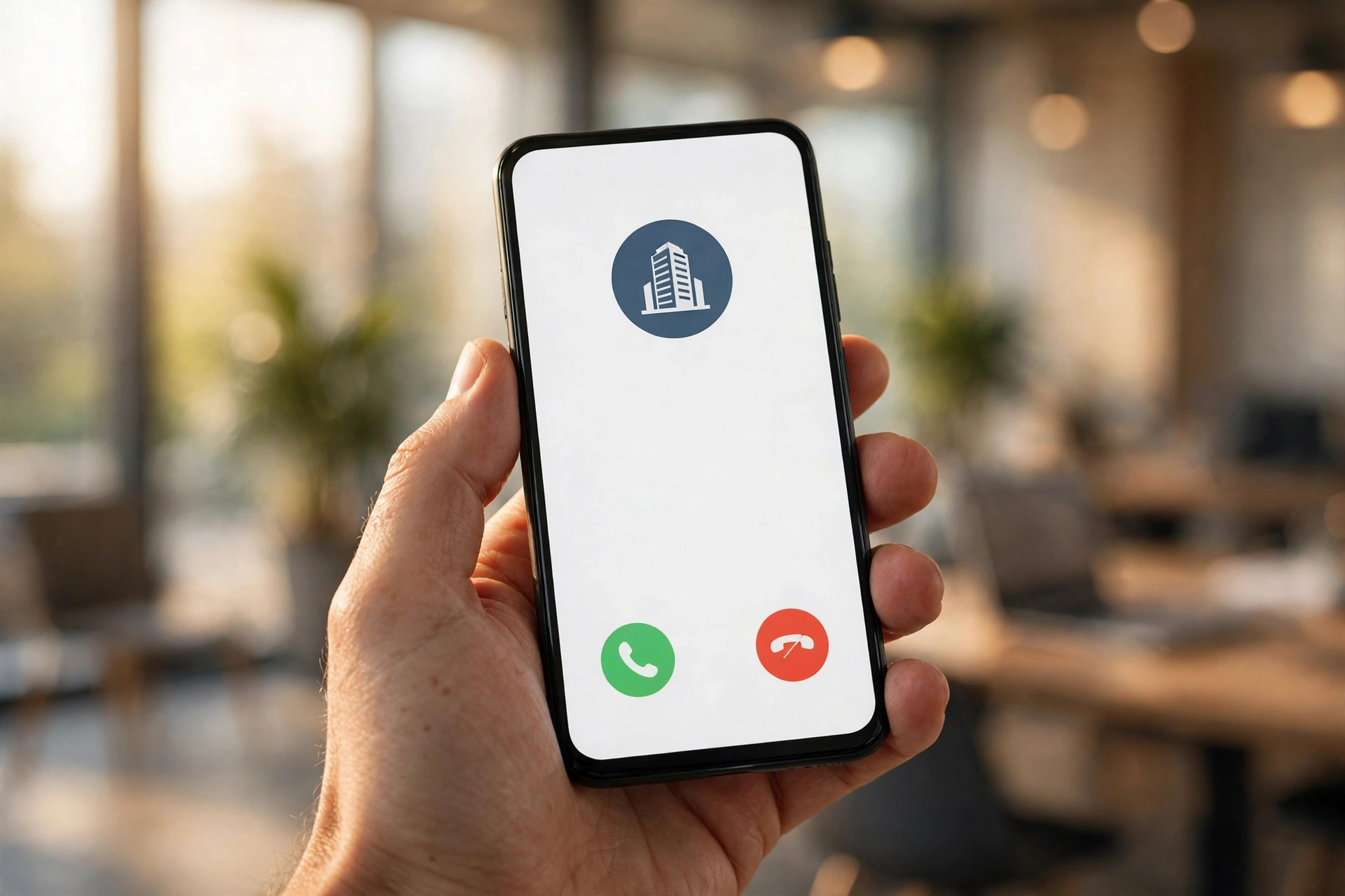How Much Does an AI Voice Agent Cost? Hand holding a smartphone showing an incoming business call screen in an office