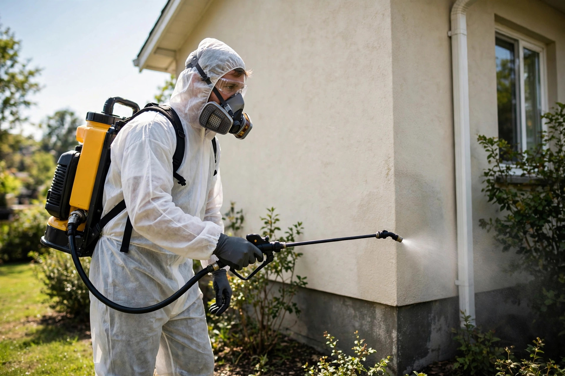 AI Answering Service for Pest Control Companies: Costs and Features Pest control technician in protective gear treating the exterior of a house