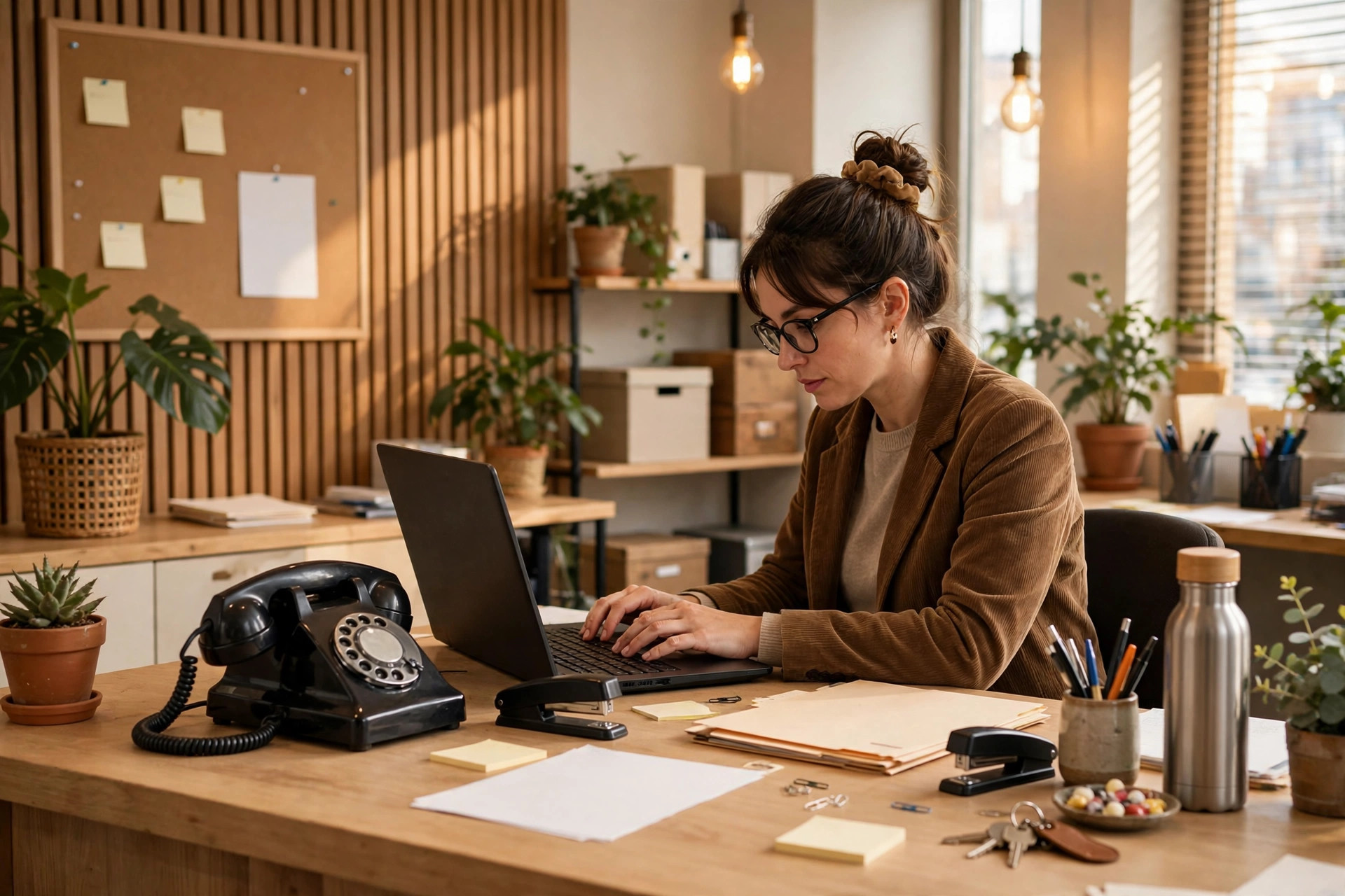 AI Voice Agent vs Human Receptionist: Cost Comparison Busy front desk with a ringing phone and a receptionist typing on a computer