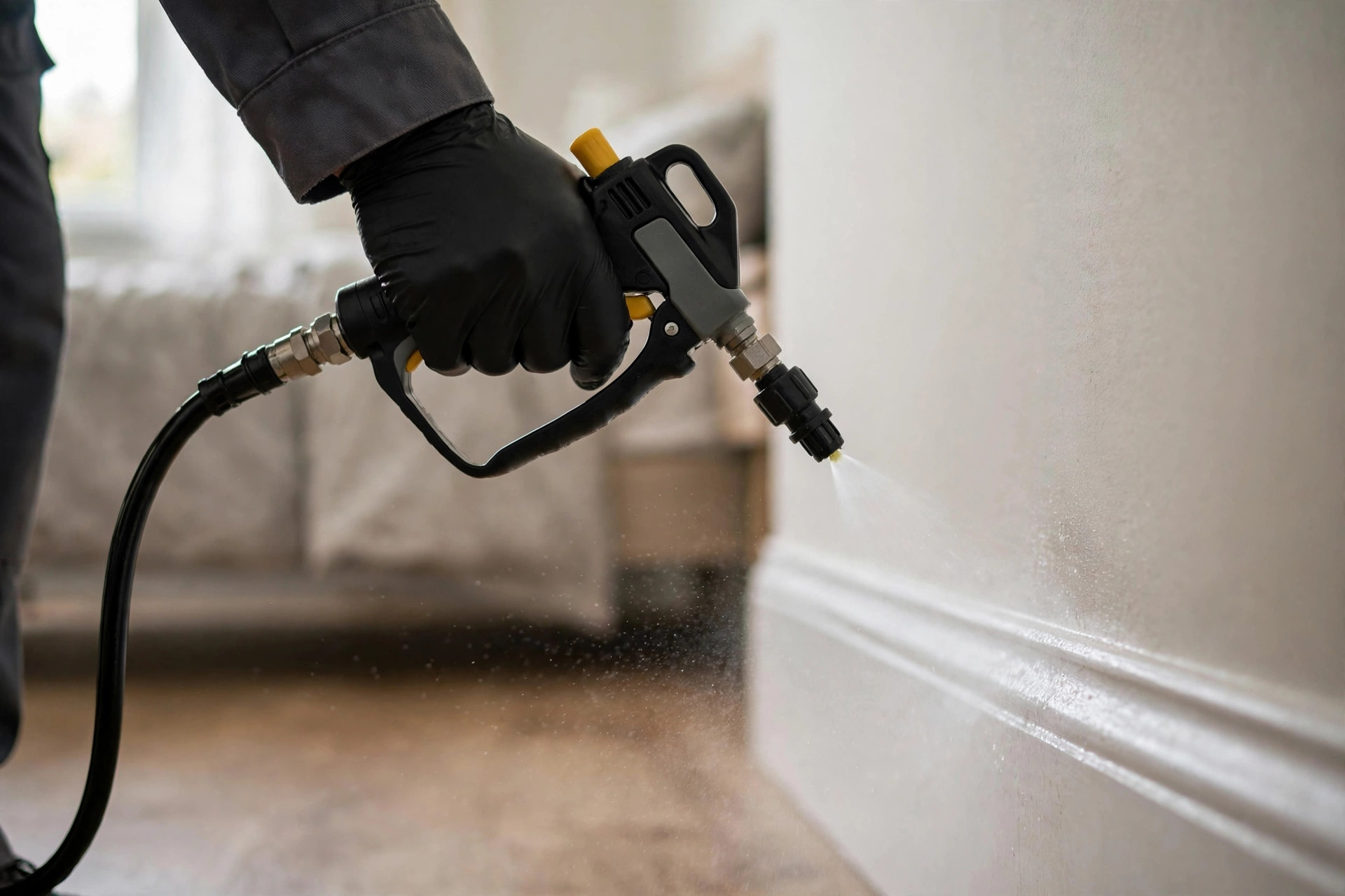 AI Answering Service for Pest Control Companies: Costs and Features Close-up of a pest control technician in gloves spraying baseboards in a bedroom