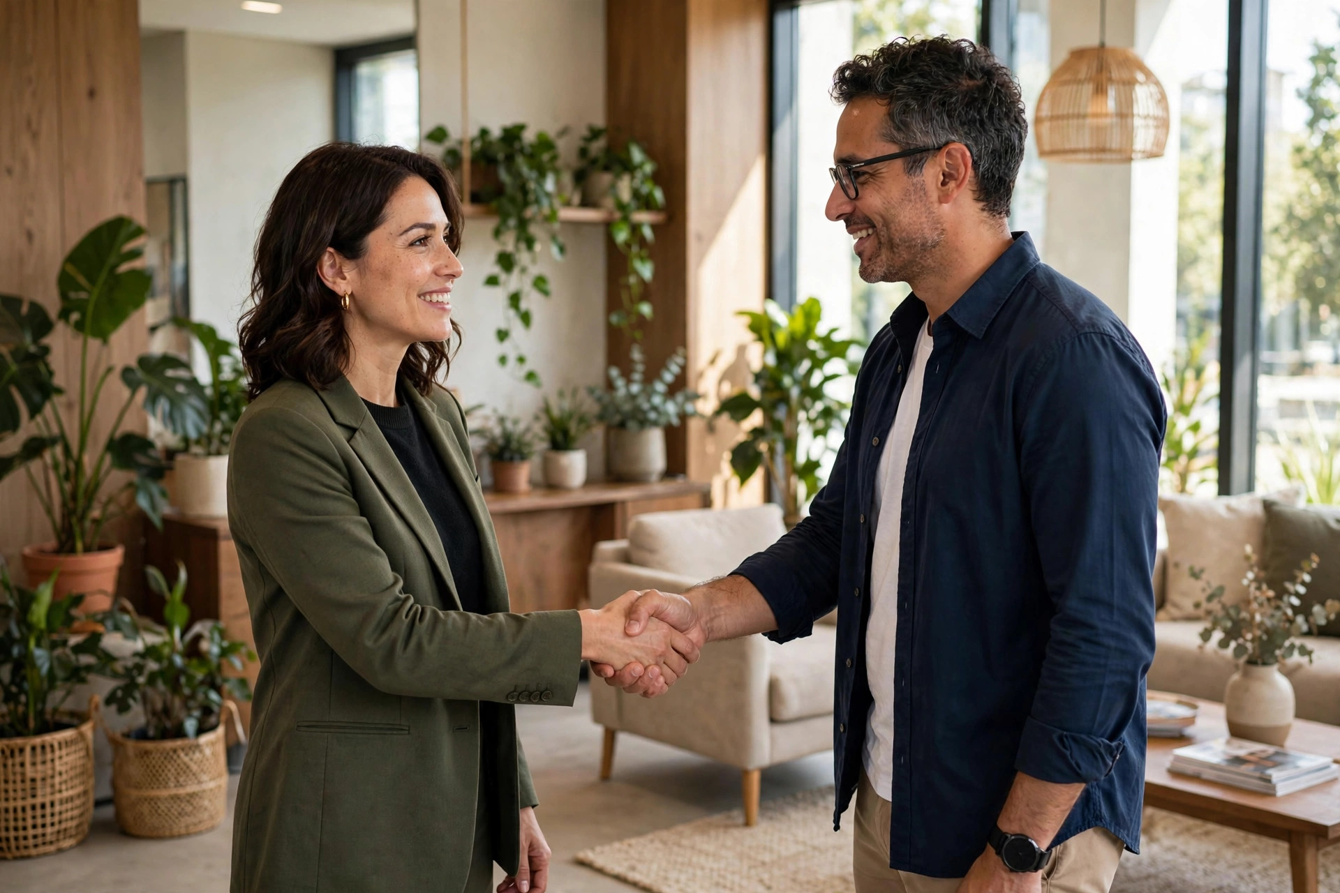 AI Voice Agent vs Human Receptionist: Cost Comparison Business owner greeting a client with a handshake in a welcoming office reception area