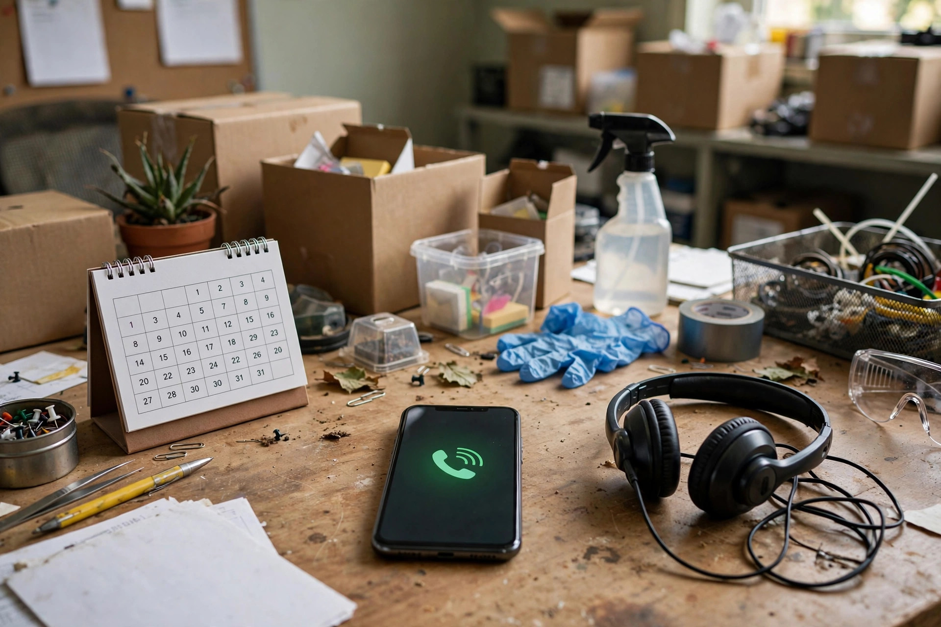 AI Answering Service for Pest Control Companies: Costs and Features A smartphone ringing on a pest control company office desk next to a headset