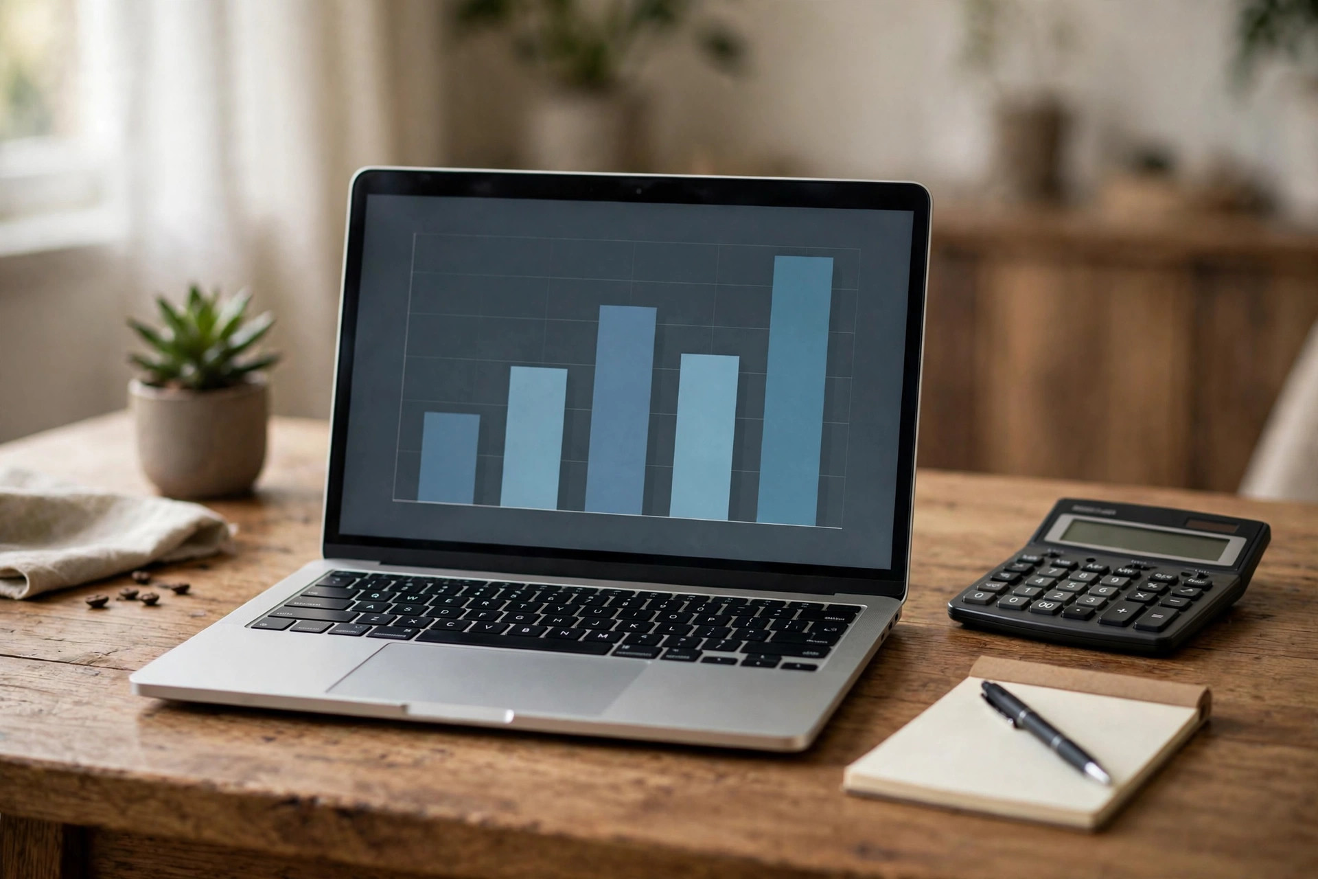 AI Voice Agent vs Human Receptionist: Cost Comparison Laptop on a desk showing a monthly cost chart next to a calculator and notepad