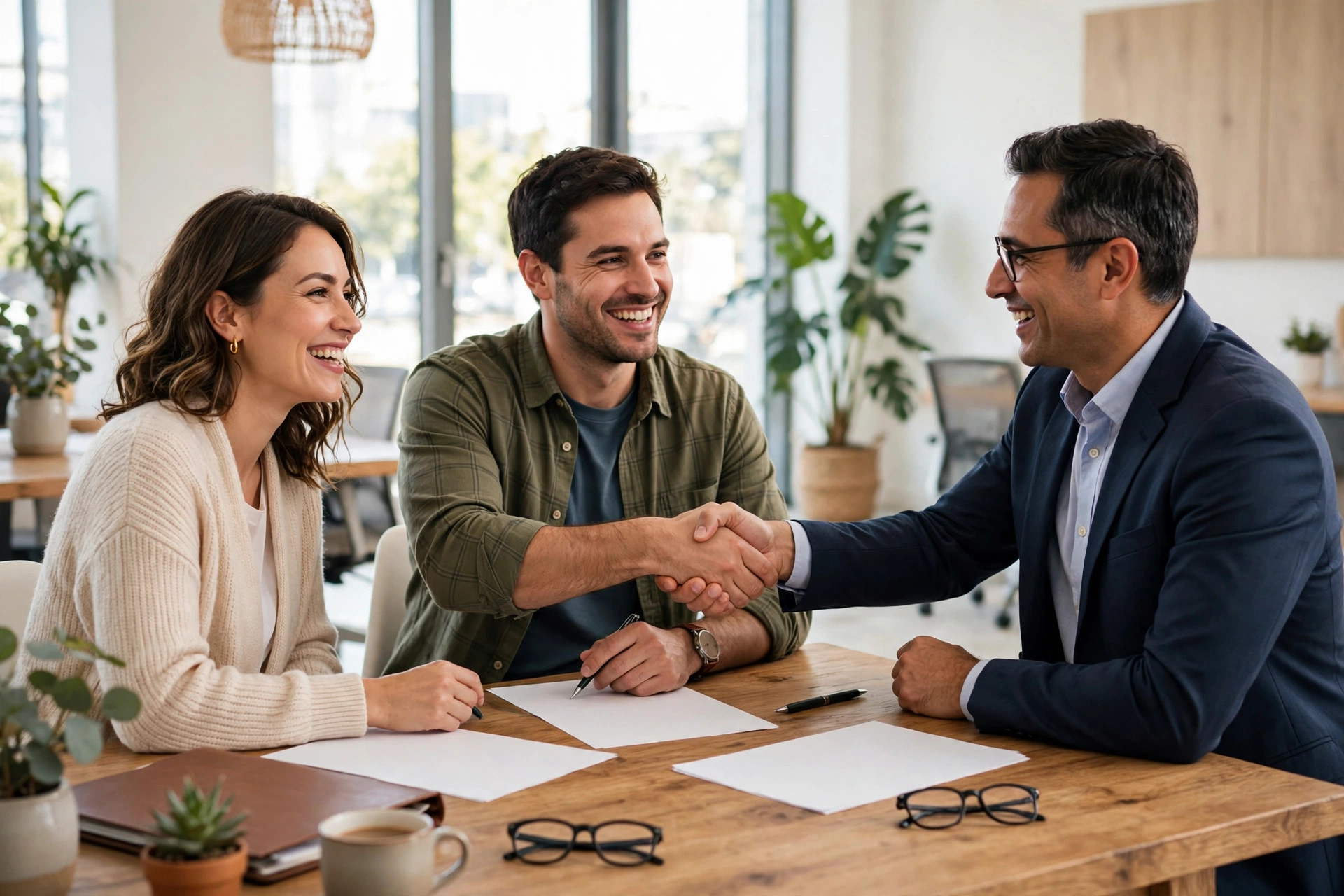 A happy couple signing mortgage documents with a professional broker at a desk