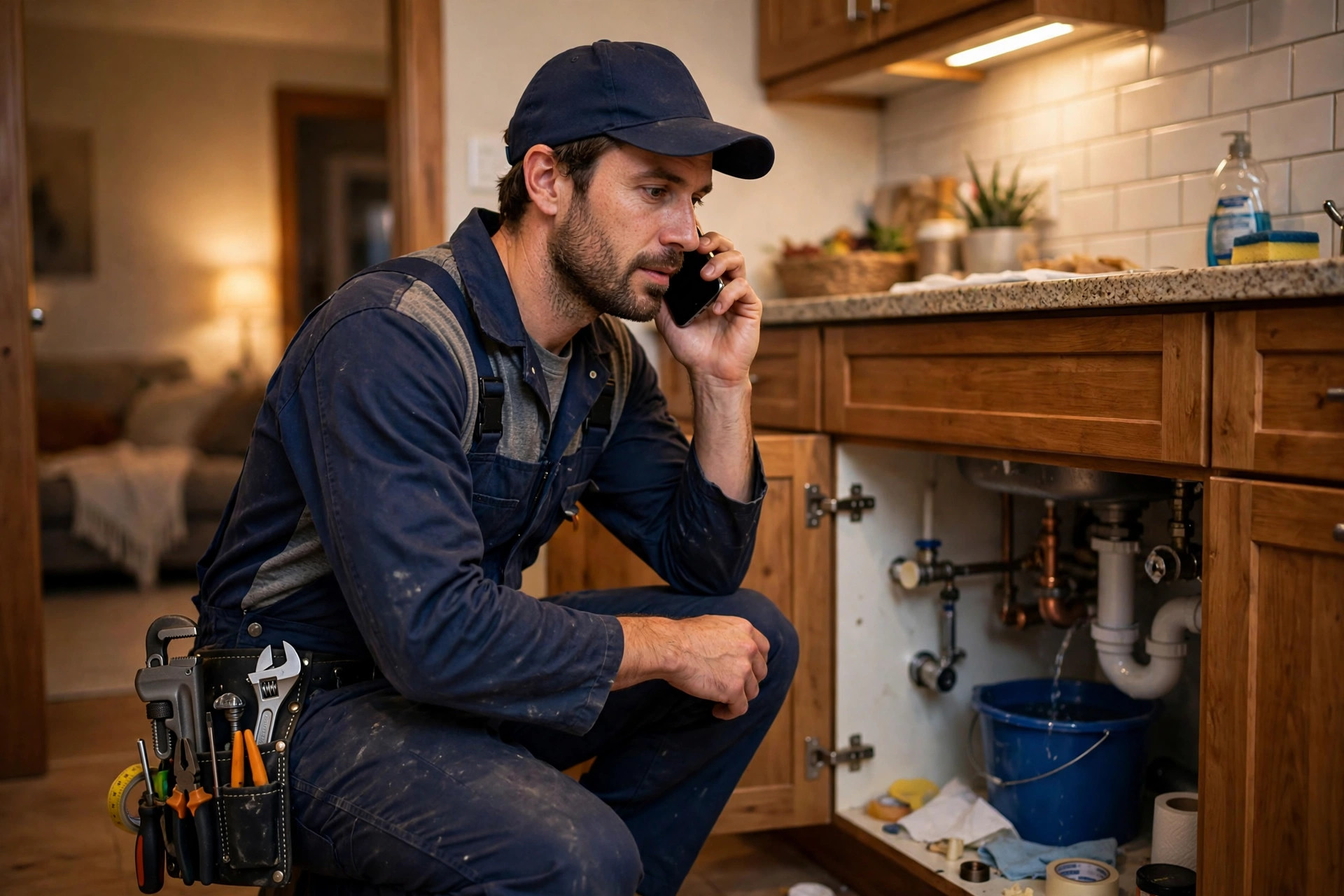 Plumber in work clothes answering a smartphone while on a job inside a customer home