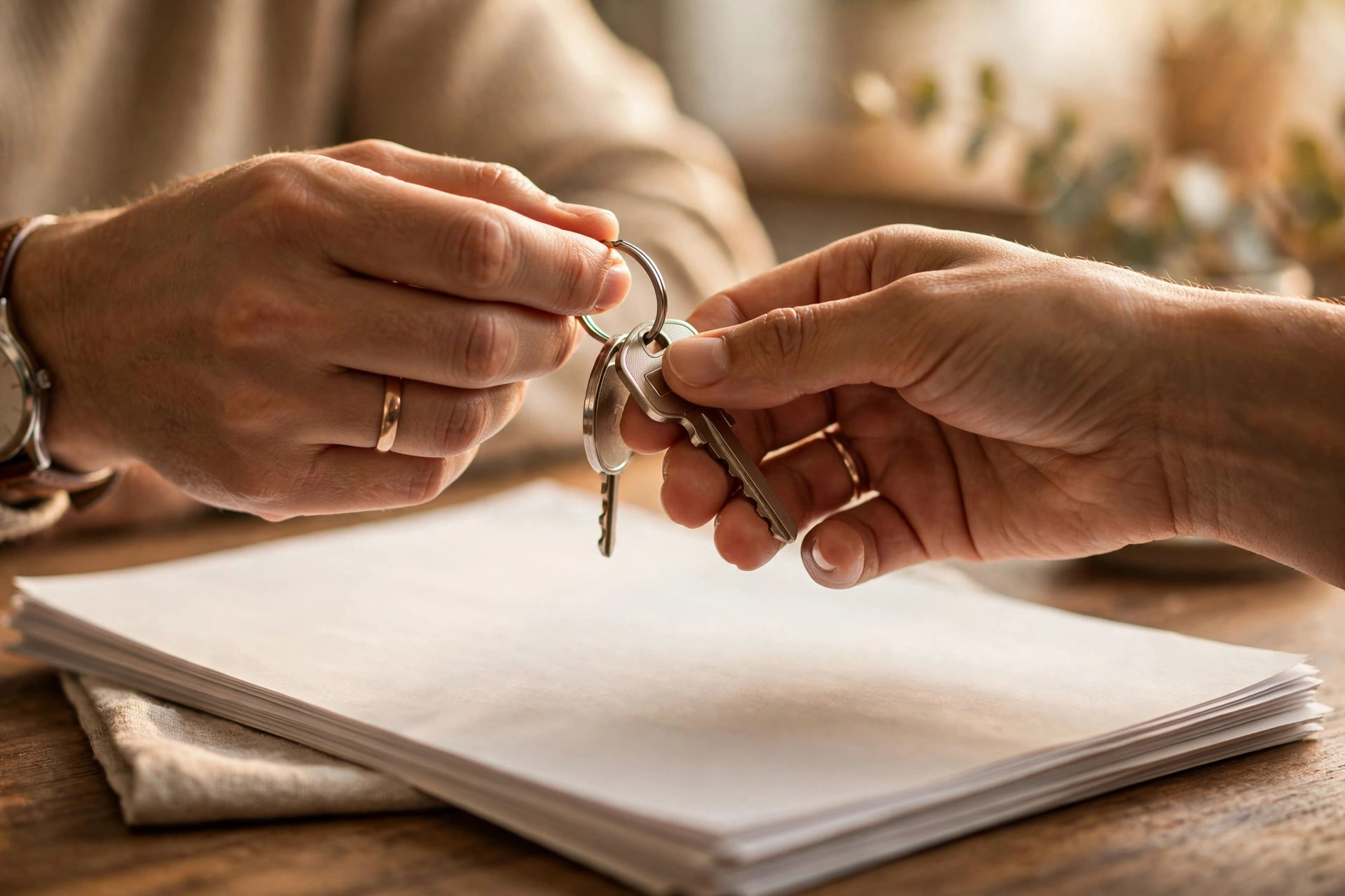 Close-up of hands exchanging house keys over paperwork on a desk